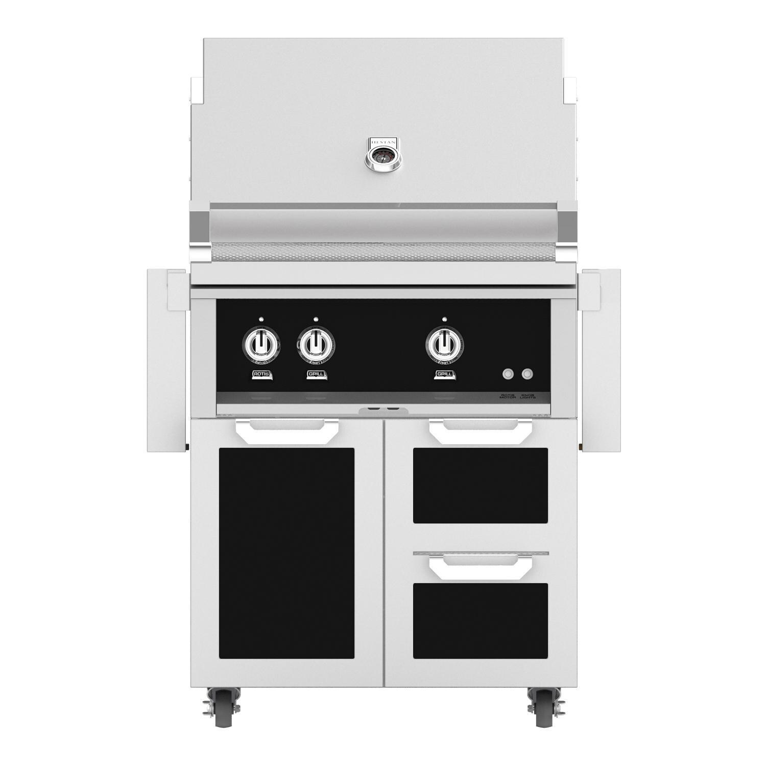 Hestan 30-Inch Freestanding Natural Gas Grill W/ All Infrared Burners & Rotisserie On Double Drawer & Door Tower Cart - Stealth - GSBR30-NG-BK thumbnail
