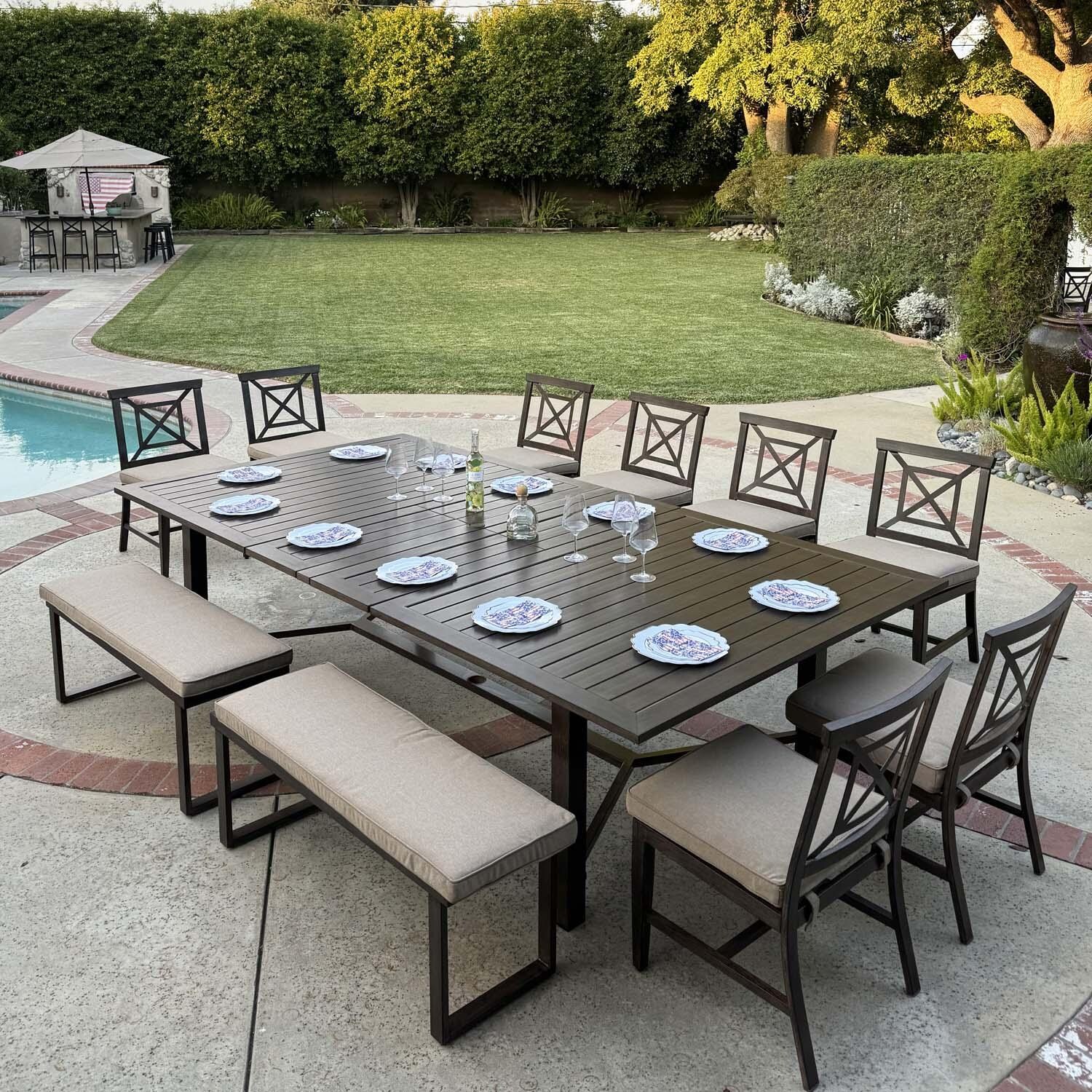 Atlantis 11 Pc Aluminum Dining Set in Walnut/Beige by Darlee - Lifestyle thumbnail