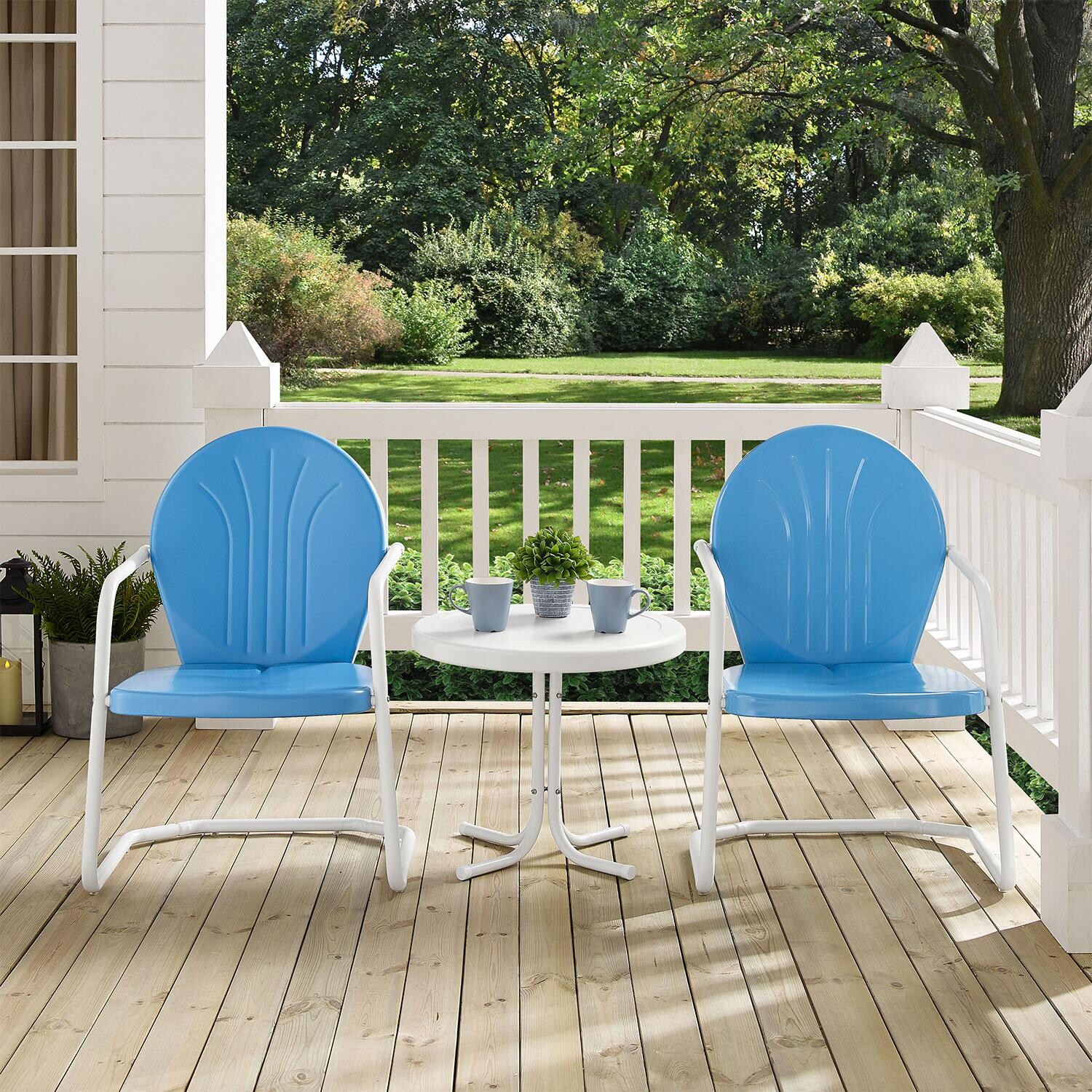 Ultimate Patio UP-32237BL 3Pc Retro Outdoor Chair Set in Sky Blue - Front View on Patio - Lifestyle thumbnail