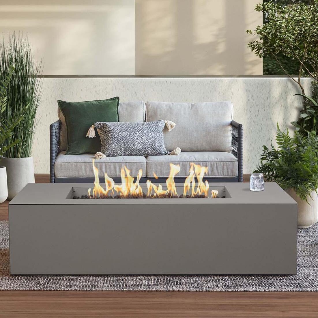 Covewood 58 Inch Low Profile Rectangular Aluminum Propane Fire Pit in Cloud Gray by BBQGuys Signature