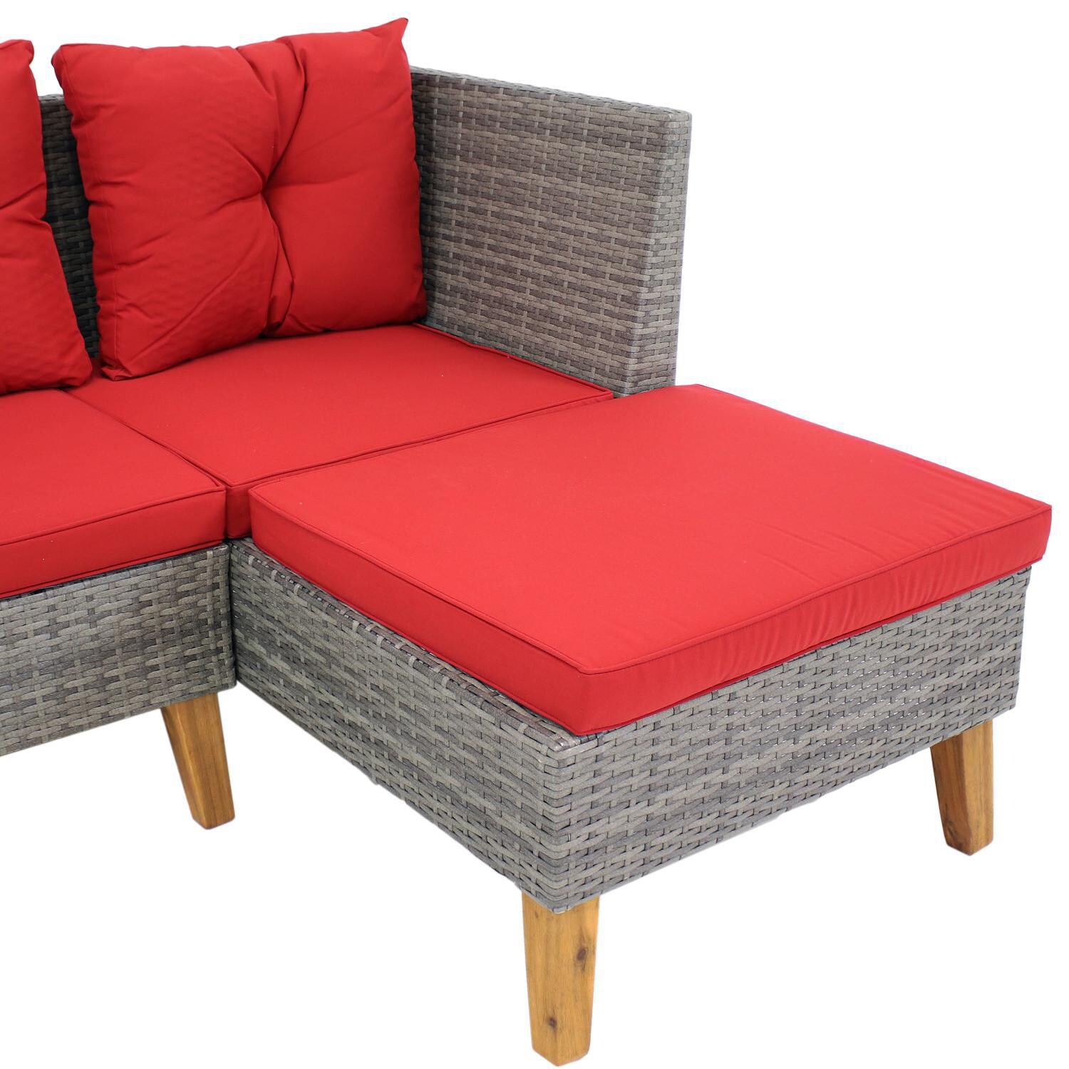 Ultimate Patio 2-Piece Resin Wicker Patio Sectional Set W/ Acacia Coffee Table - Red Cushions - Extended Chaise thumbnail