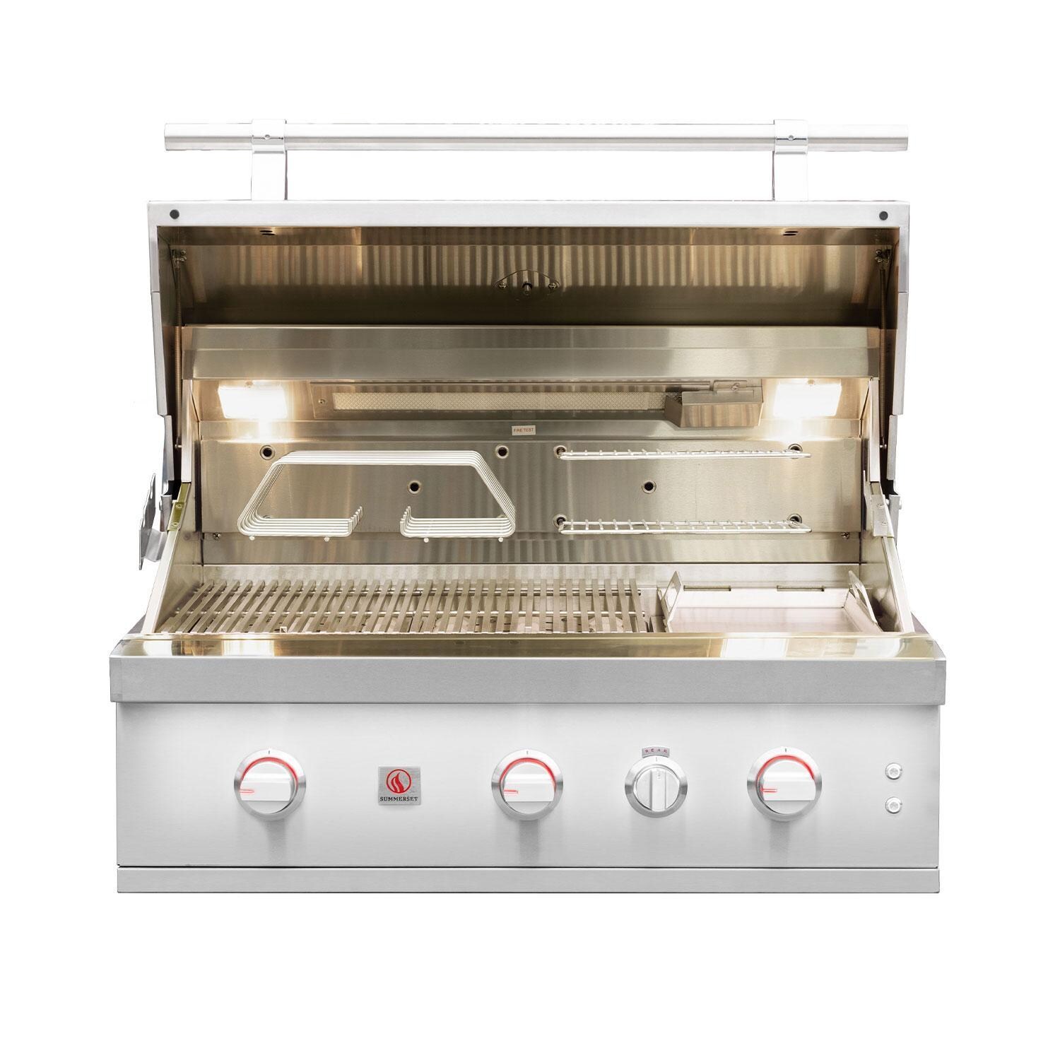 Summerset QST36-NG Quest 36-in 2 Burner Built-In Natural Gas Grill w/ Rear Infrared Burner, Rotisserie Kit, & Drop-In Griddle Plate - Interior View - Rear Burner - Off - White Background thumbnail