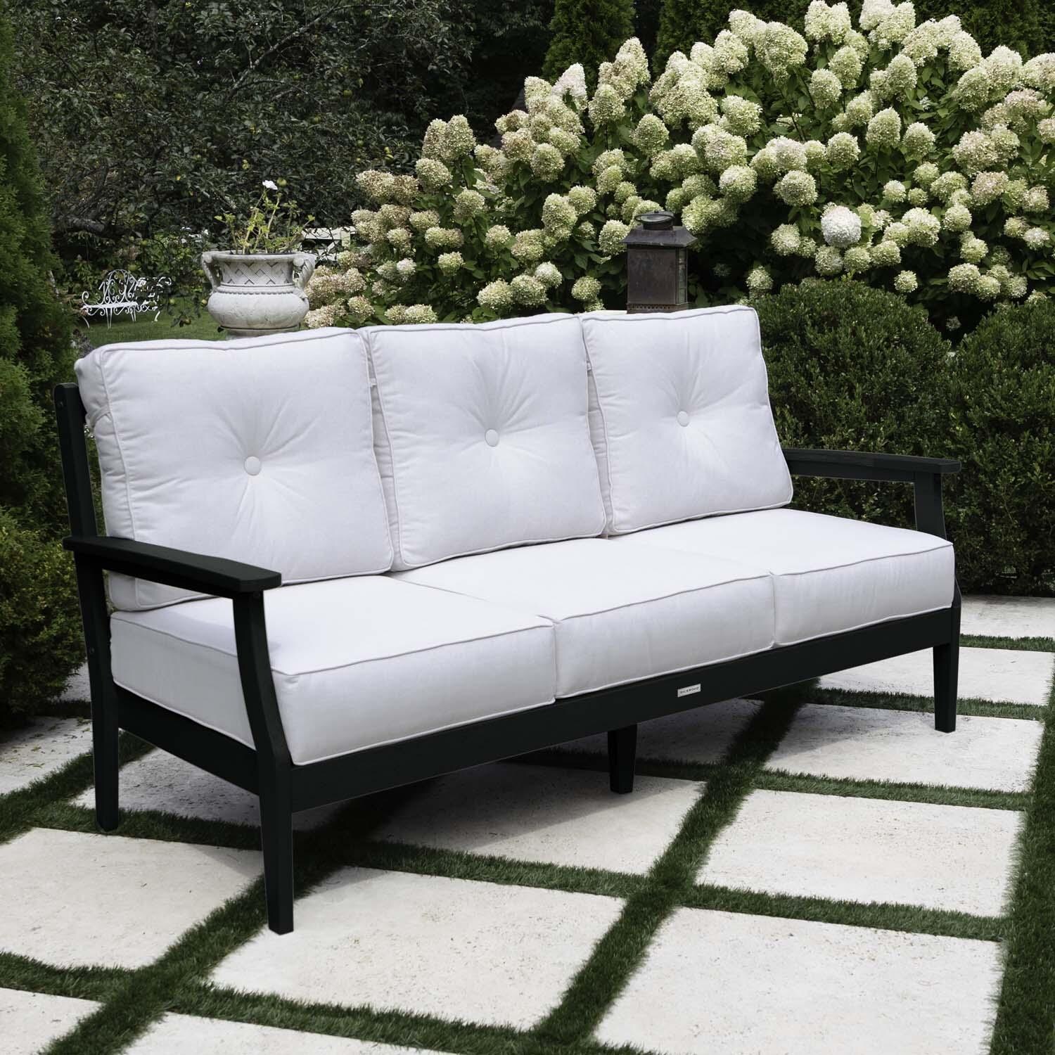 Blushing Bay 3 Person Recycled Plastic Sofa in Bliss Linen/Black by Lakeview Outdoor Designs - Left Angled - Lifestyle thumbnail