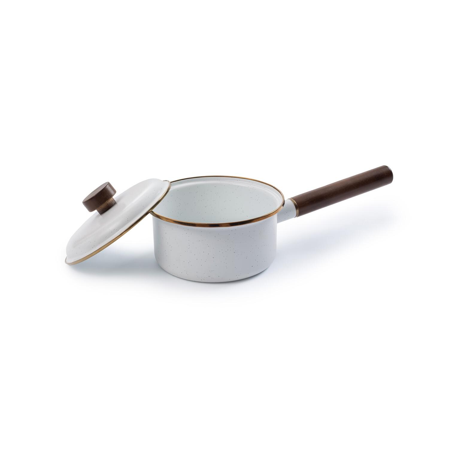 Barebones Living CKW-396 Enamel Saucepan - Eggshell - Shown With Lid Off thumbnail