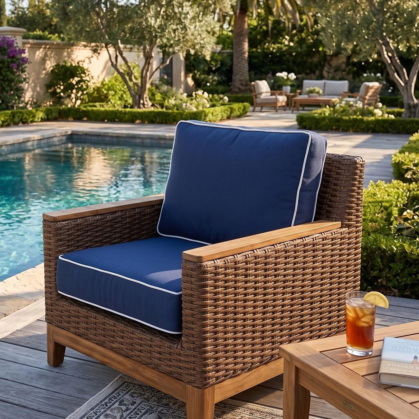 Royal Teak Collection BOCACH-H-N Boca Wicker Club Chair w/ Sunbrella Cushion in Honey/Navy w/ White Piping - On Patio - Lifestyle thumbnail