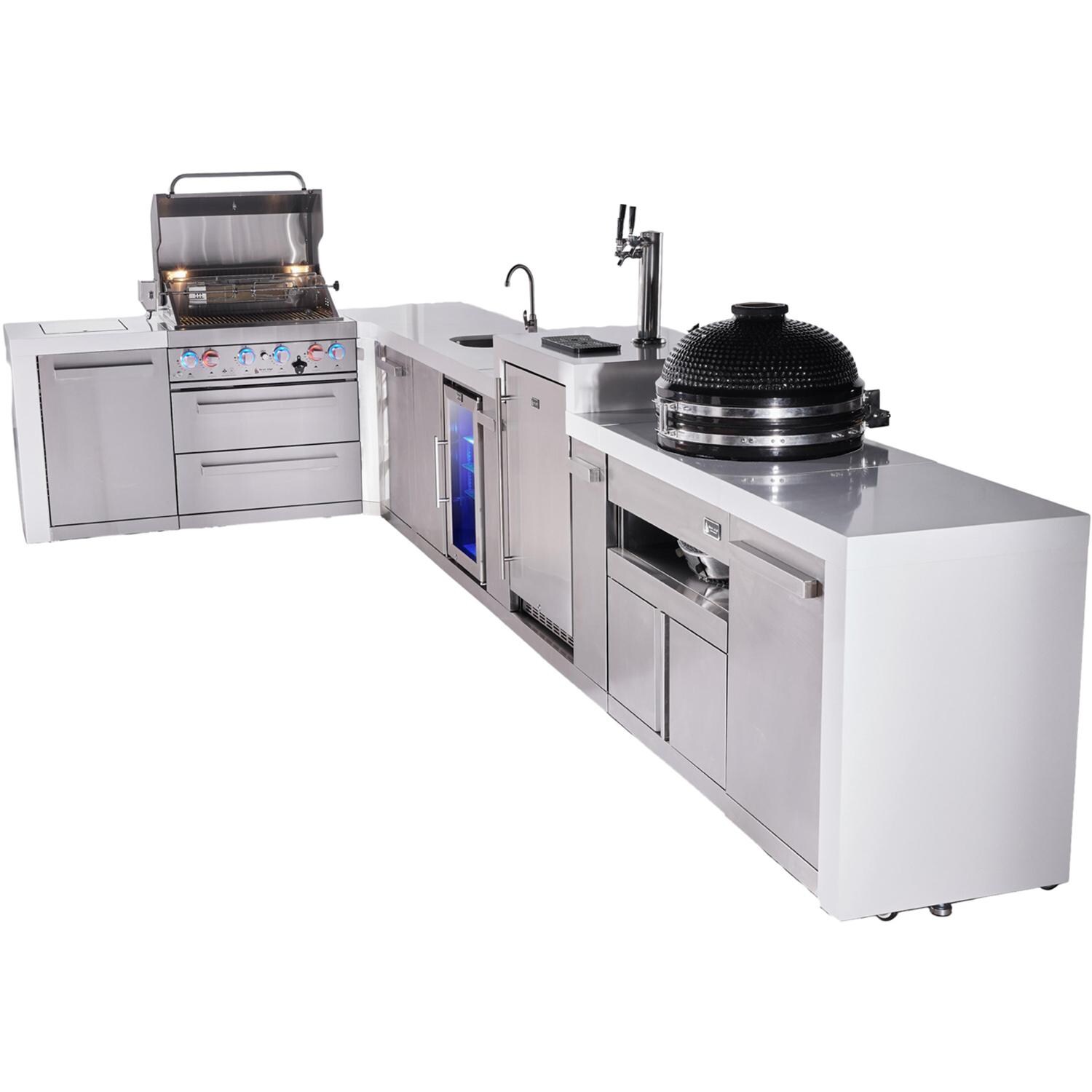 Mont Alpi Deluxe Series 15 Ft L-Shaped Natural Gas Outdoor Kitchen Island w/ 44-in Grill, Side Burner, Beverage Center, Kegerator, Fridge, Kamado Module & Triple Drawer (Ships Propane w/ Conversion Kit) - Grill Open - White Background thumbnail