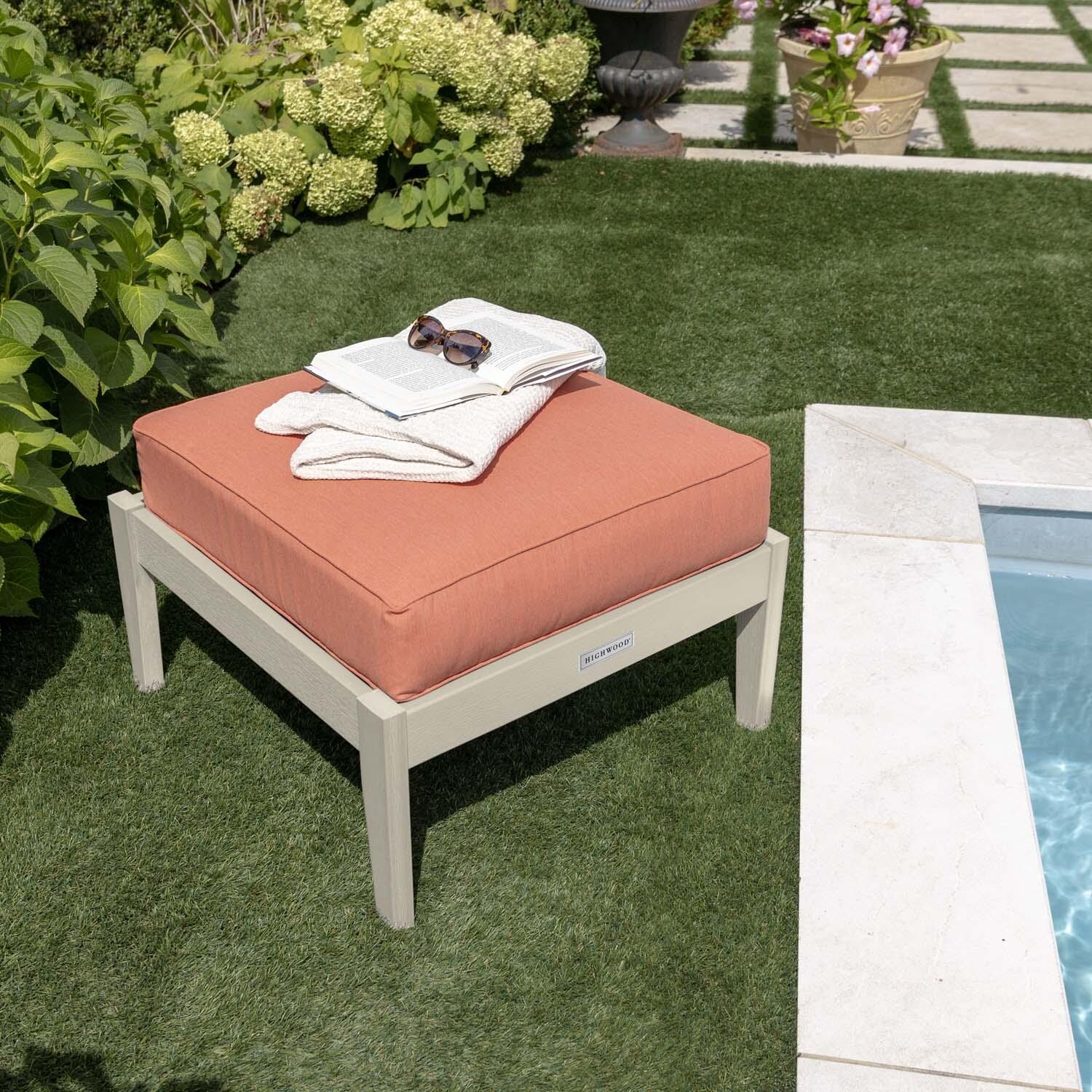Blushing Bay Recycled Plastic Ottoman in Canvas Persimmon/Whitewash by Lakeview Outdoor Designs - By Pool Close Up - Lifestyle thumbnail
