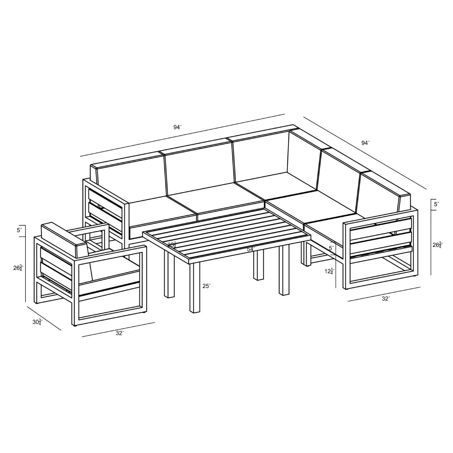 Lakeview MSTYCV-SL-SET212-CS Misty Cove 7 Pc Aluminum Sectional Set in Slate w/Chat Table & Cast Silver Cushions by Lakeview Outdoor Designs - Line Drawing - Dimensional thumbnail