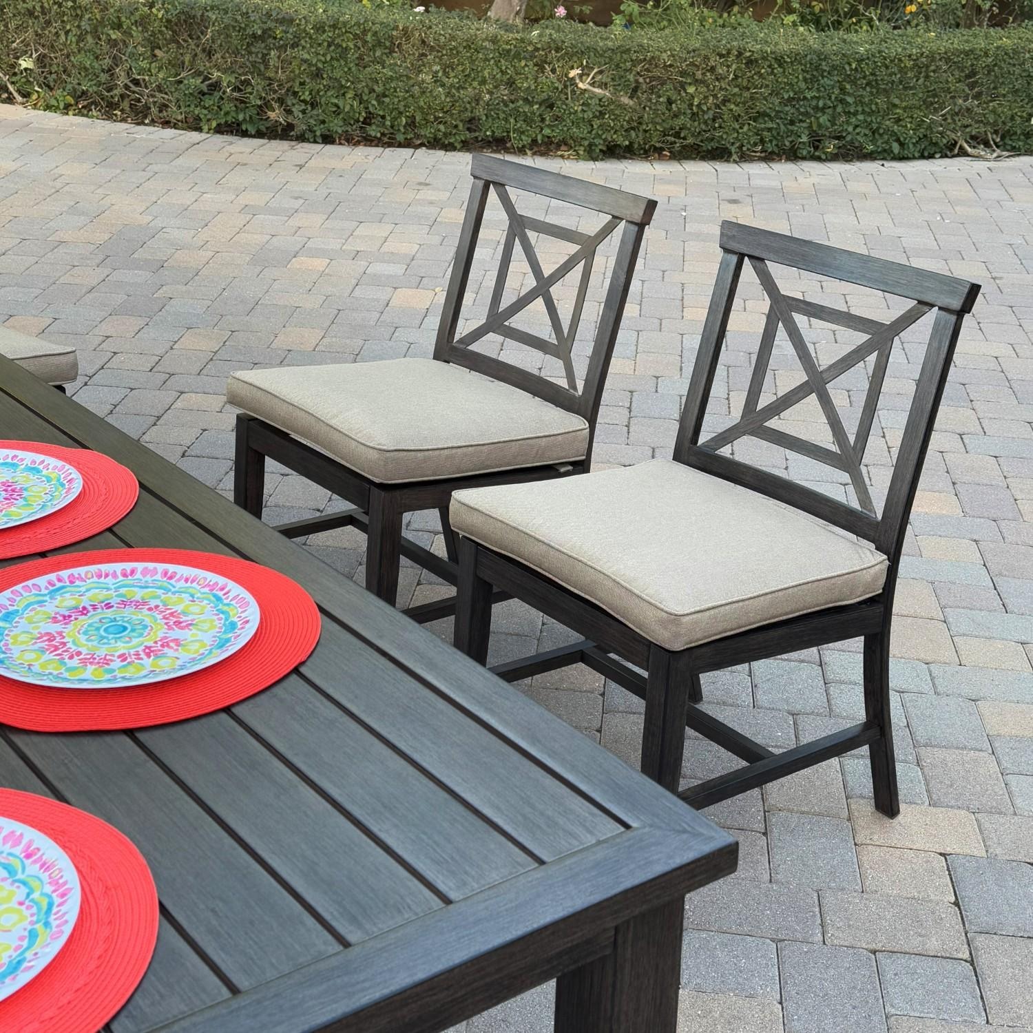 Atlantis 8 Pc Aluminum Dining Set w/ 6 Dining Side Chairs & Two Person Bench in Walnut/Beige by Darlee - Chairs At Table - Lifestyle thumbnail