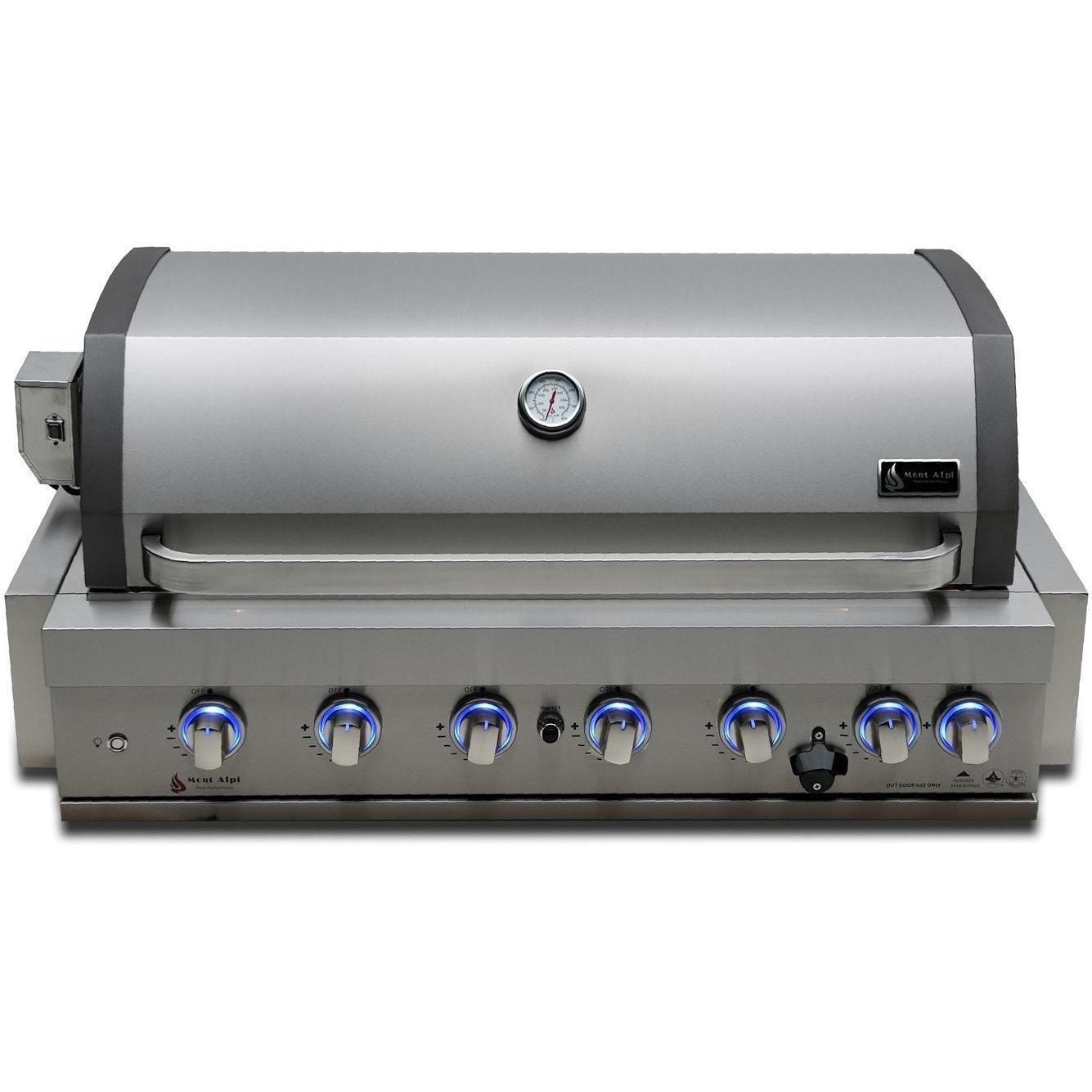 Mont Alpi MA805-AW 6-Burner Stainless Steel Art-Wood Propane Island Grill - Grill Head Front View - White Background thumbnail