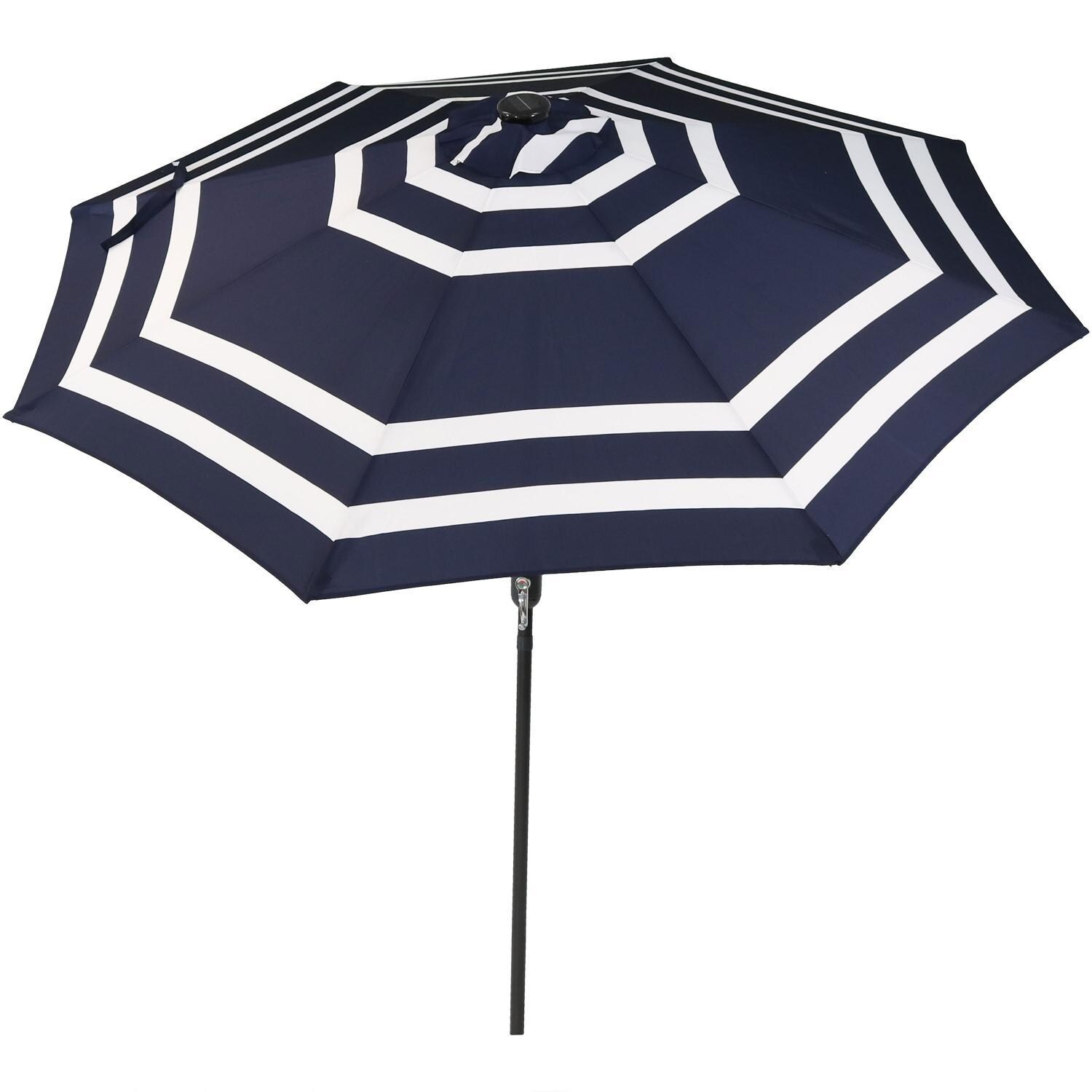 Ultimate Patio 9 Ft. Solar Lighted Octagonal Aluminum Patio Mart Umbrella W/ Crank & Tilt - Black Frame & Navy Blue Stripe Polyester Canopy