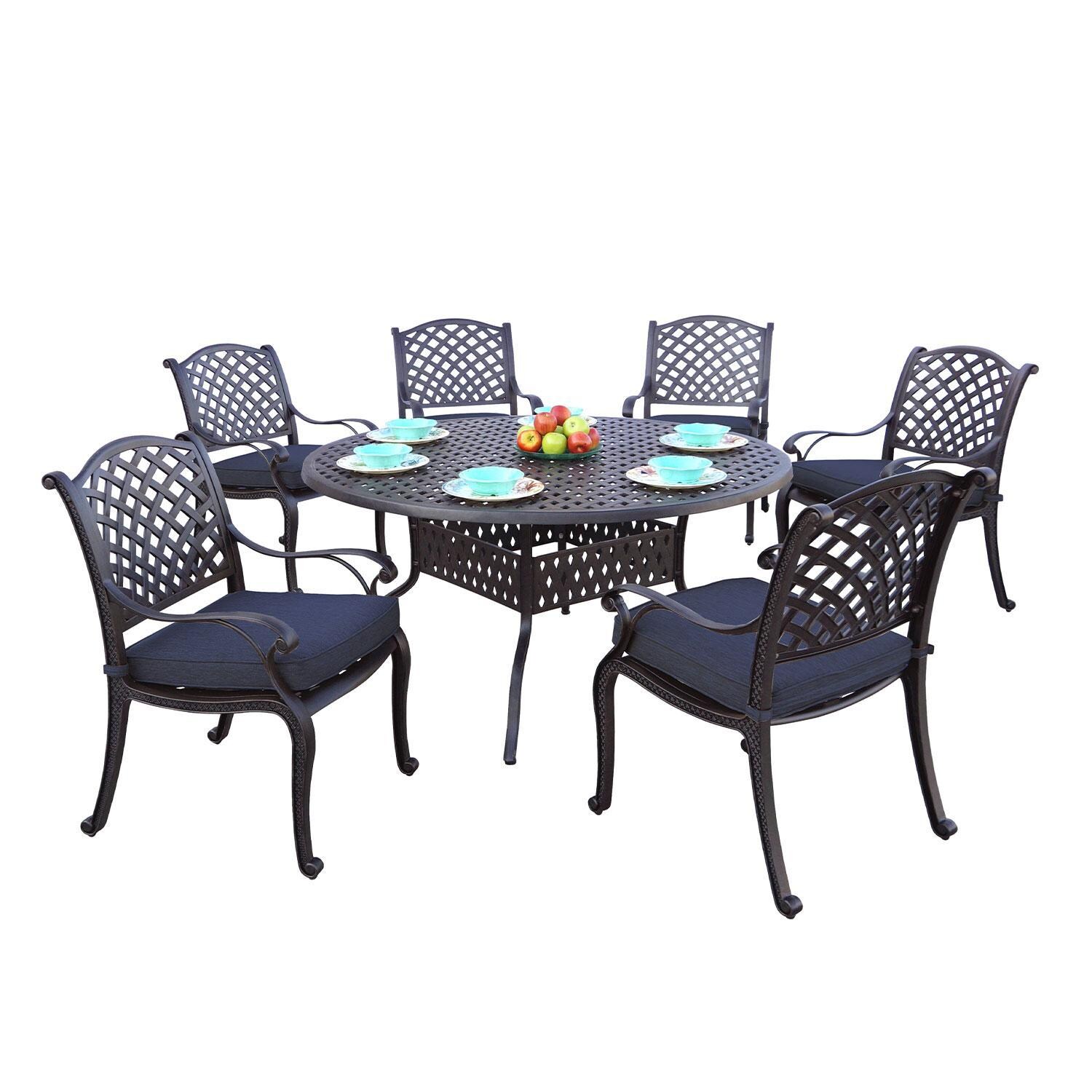 Nassau 7 Pc Cast Aluminum Dining Set w/ 60 Inch Round Series 30 Table in Antique Bronze/Navy by Darlee