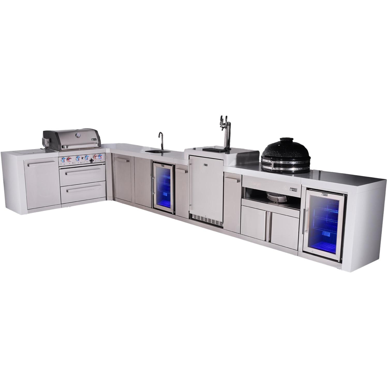 Mont Alpi Deluxe Series 13 1/2 Ft L-Shaped Natural Gas Outdoor Kitchen Island w/ 32-in Grill, Side Burner, Beverage Center, Kegerator, Kamado Module & Extra Door (Ships Propane w/ Conversion Kit) - Island - White Background thumbnail