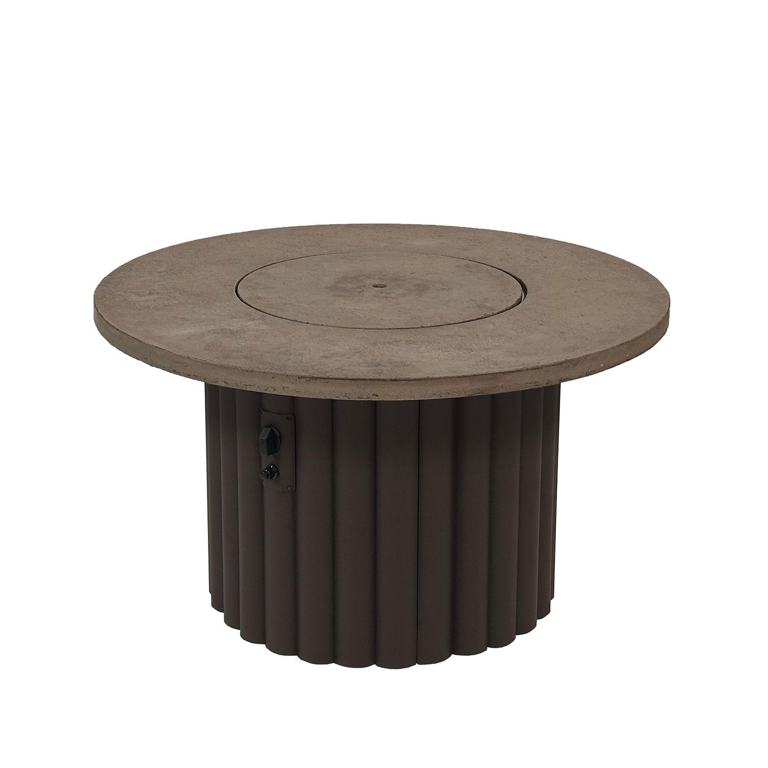 Reverie REVBBR-42-K 42-in Round Aluminum Gas Fire Pit Table w/ Fossil Brown Supercast Table Top & Brown Base - Cover On - White Background thumbnail