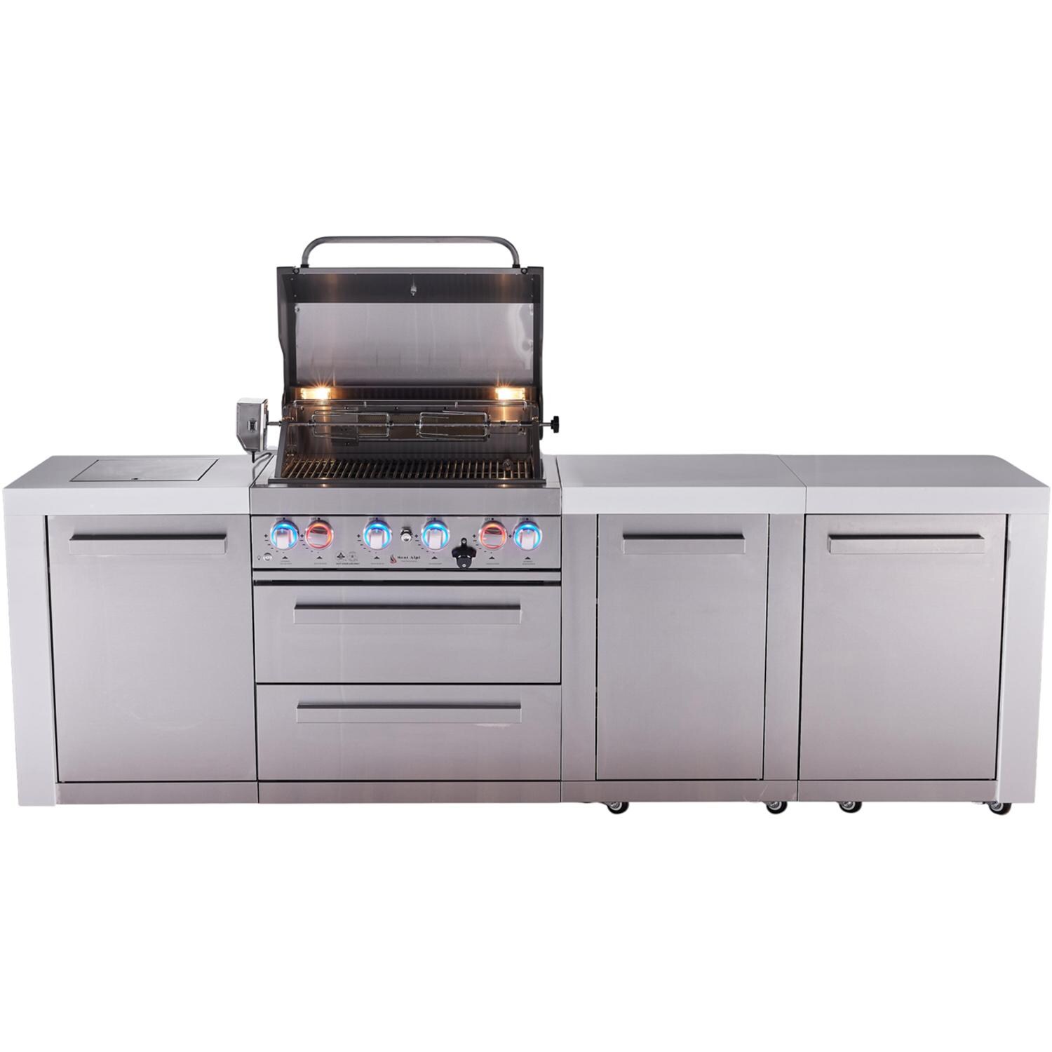 Mont Alpi Deluxe Series 7 Ft Propane Outdoor Kitchen Island w/ 32-in Grill, Side Burner & Extra Door - MAi400-DXL - Grill Open - White Background thumbnail