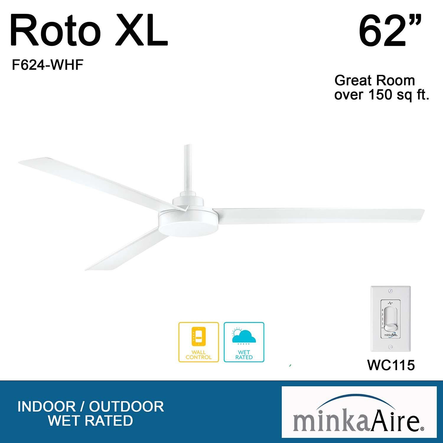 Minka-Aire F624-WHF Roto XL 62-Inch 3-Blade Ceiling Fan in Flat White Finish w/ Flat White Blades - Overview thumbnail