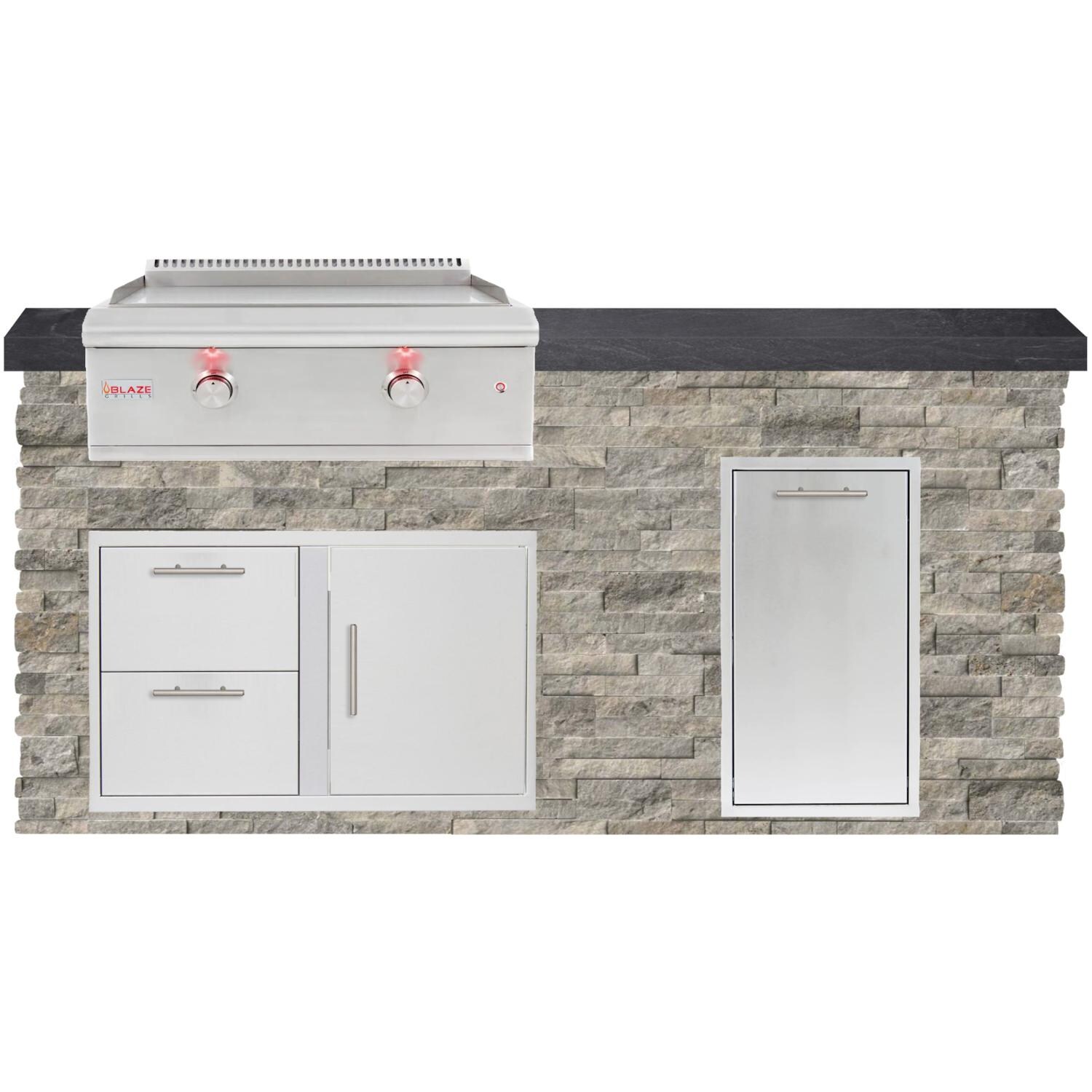 BBQGuys Signature 6ft Luxury Outdoor Island W/ Blaze Premium LTE 30-Inch Propane Griddle - Silver Travertine Stone W/ Black Polished Granite