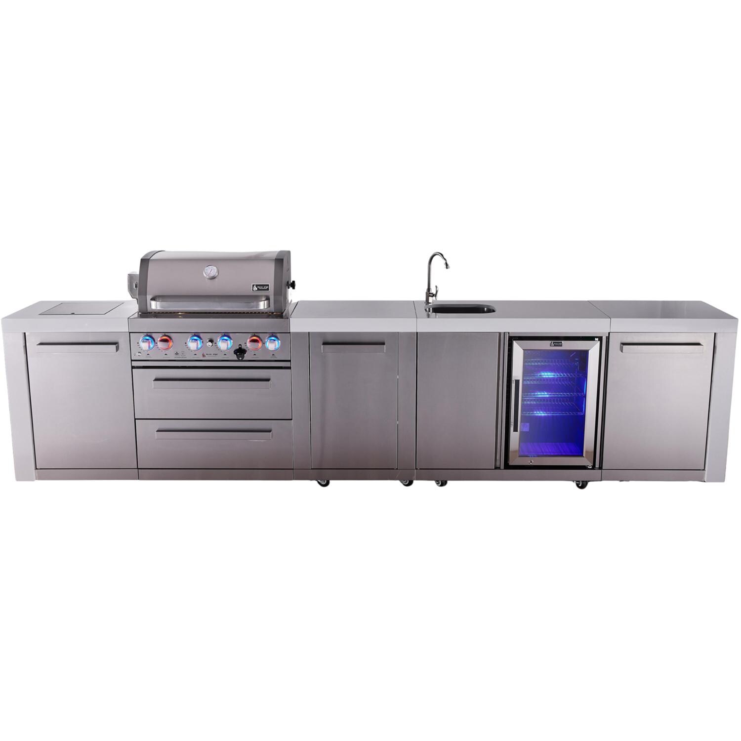 Mont Alpi Deluxe Series 12 Ft Propane Outdoor Kitchen Island w/ 32-in Grill, Side Burner, Beverage Center & Extra Door - MAi400-DBEVXL