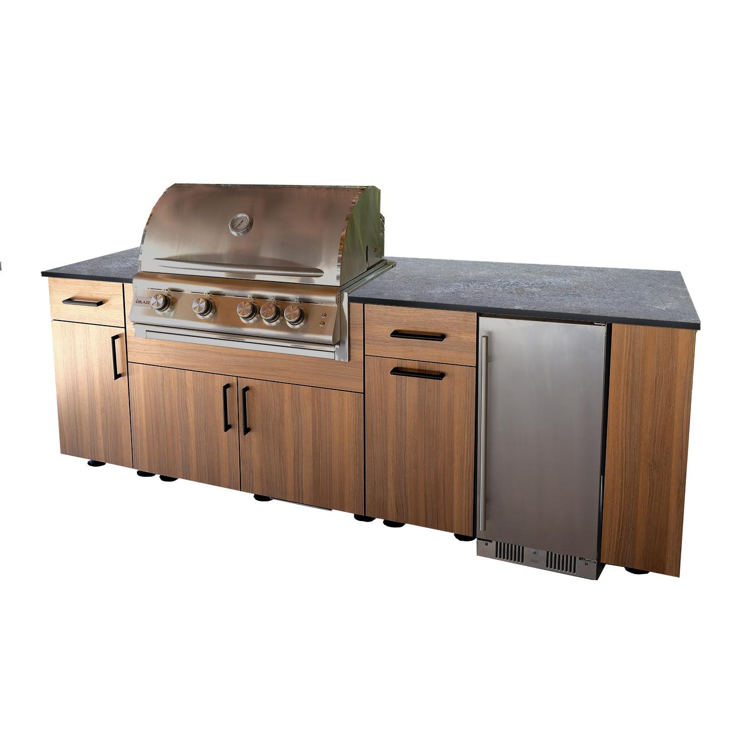 BBQGuys Signature Oasis 8 Ft Outdoor Kitchen Island w/ Blaze Propane Grill & Refrigerator in Noce Havana/Lunar Grey