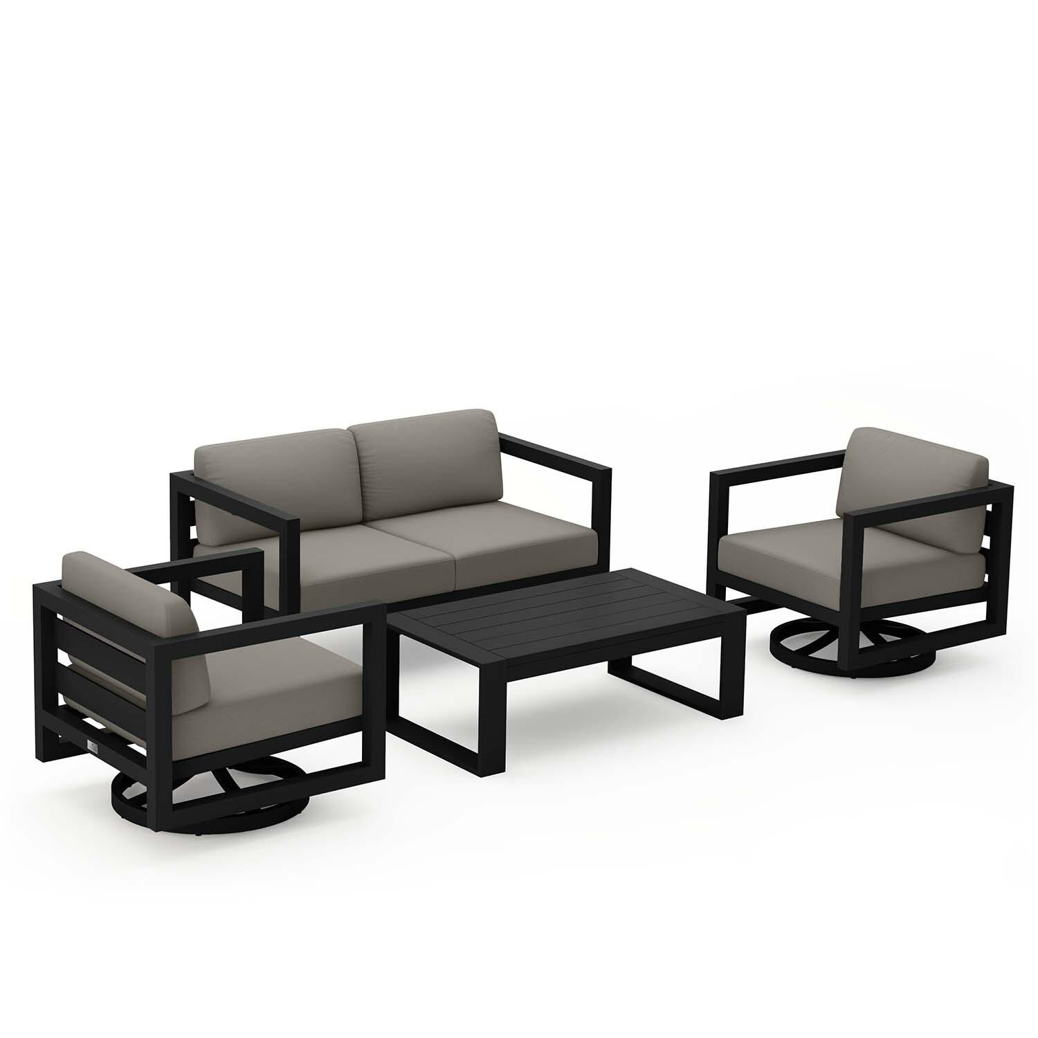 Misty Cove 4 Pc Aluminum Loveseat Seating Set w/ Swivel Chairs in Black/Canvas Charcoal by Lakeview Outdoor Designs - Angled - White Background thumbnail