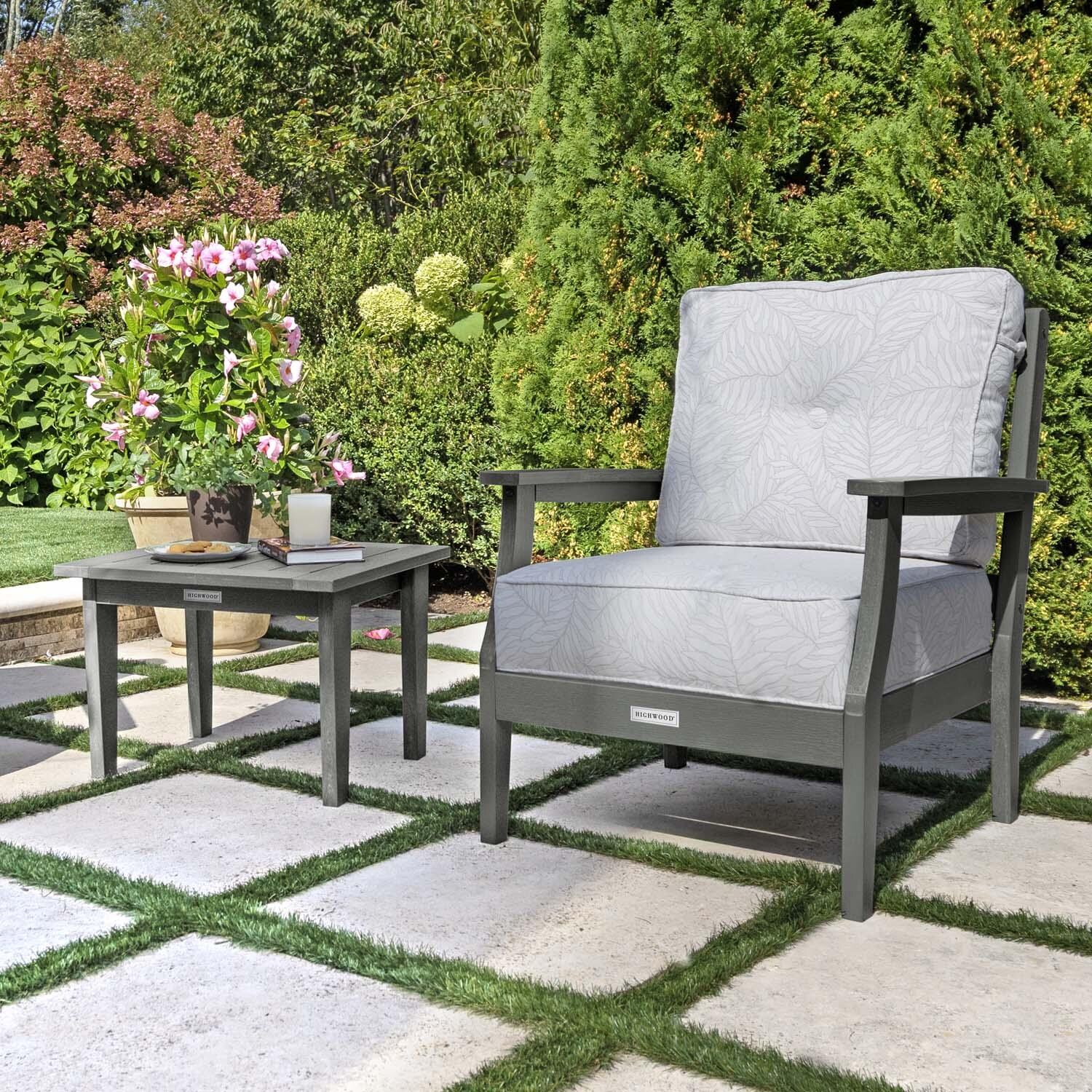 Blushing Bay 3 Pc Recycled Plastic Seating Set in Lively Parchment/Coastal Teak by Lakeview Outdoor Designs - Close Up - Lifestyle thumbnail