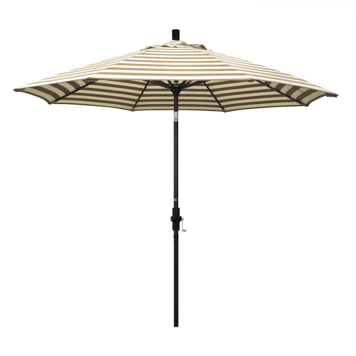 California Umbrella Golden State Series 9 Ft Octagonal Aluminum Collar Tilt Patio Umbrella W/ Crank Lift - Bronze Frame / Olefin Beige White Cabana Stripe Canopy