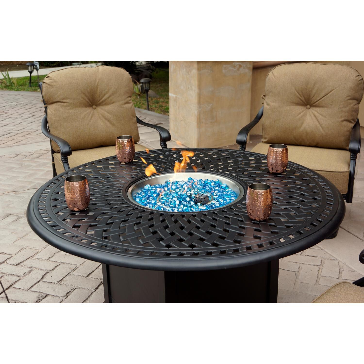 Darlee DL2056-5PC-60QB Santa Monica 5 Piece Cast Aluminum Patio Fire Pit Conversation Set W/ Sesame Cushions - Fire Pit Table In Use thumbnail