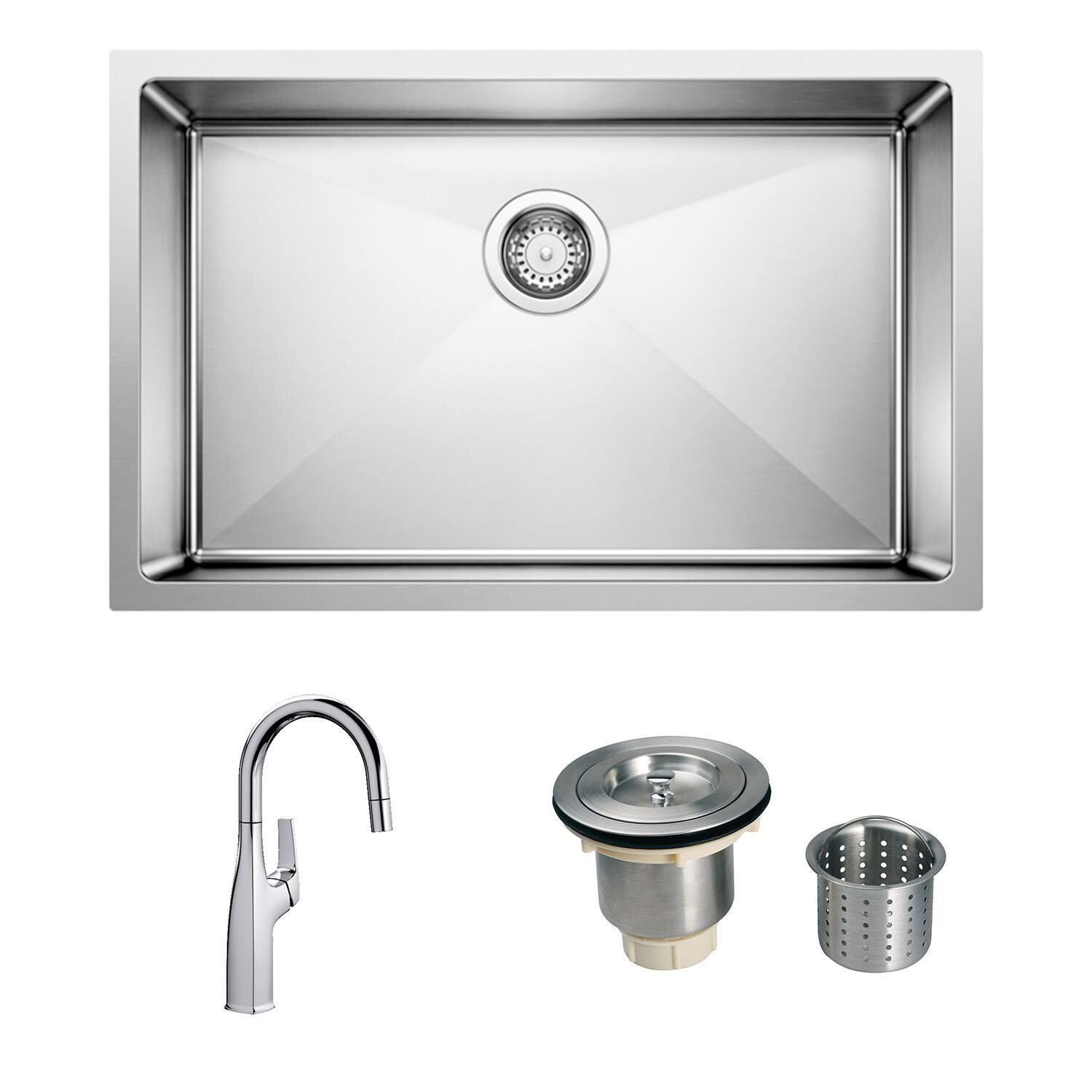 Blanco 524751 + 442681 + LI-XD Cuvee 28 X 18 Sink w/ Rivana 15 Inch Single Spray Faucet with Strainer Basket - Bundle - White Background thumbnail