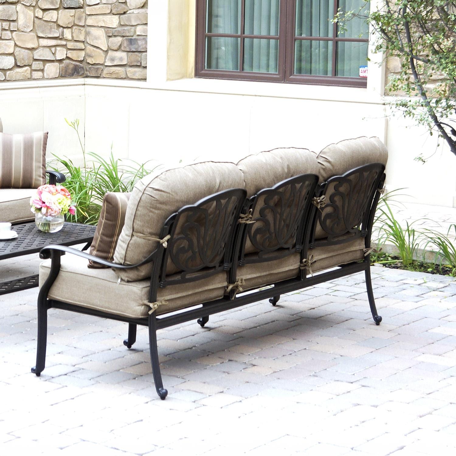Darlee Elisabeth 2 Pc Cast Aluminum Seating Set w/ 42 X 21 Inch Series 30 Table & Throw Pillows in Antique Bronze/Beige - Sofa Back - Lifestyle thumbnail