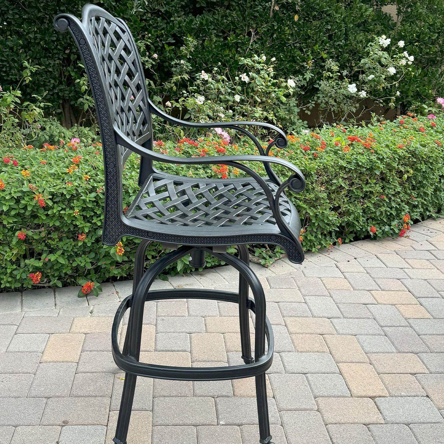 Nassau Cast Aluminum 4 Pc Set Swivel Bar Stool Set in Antique Bronze/Navy by Darlee - Side View - Shown W/ No Cushion - Lifestyle thumbnail