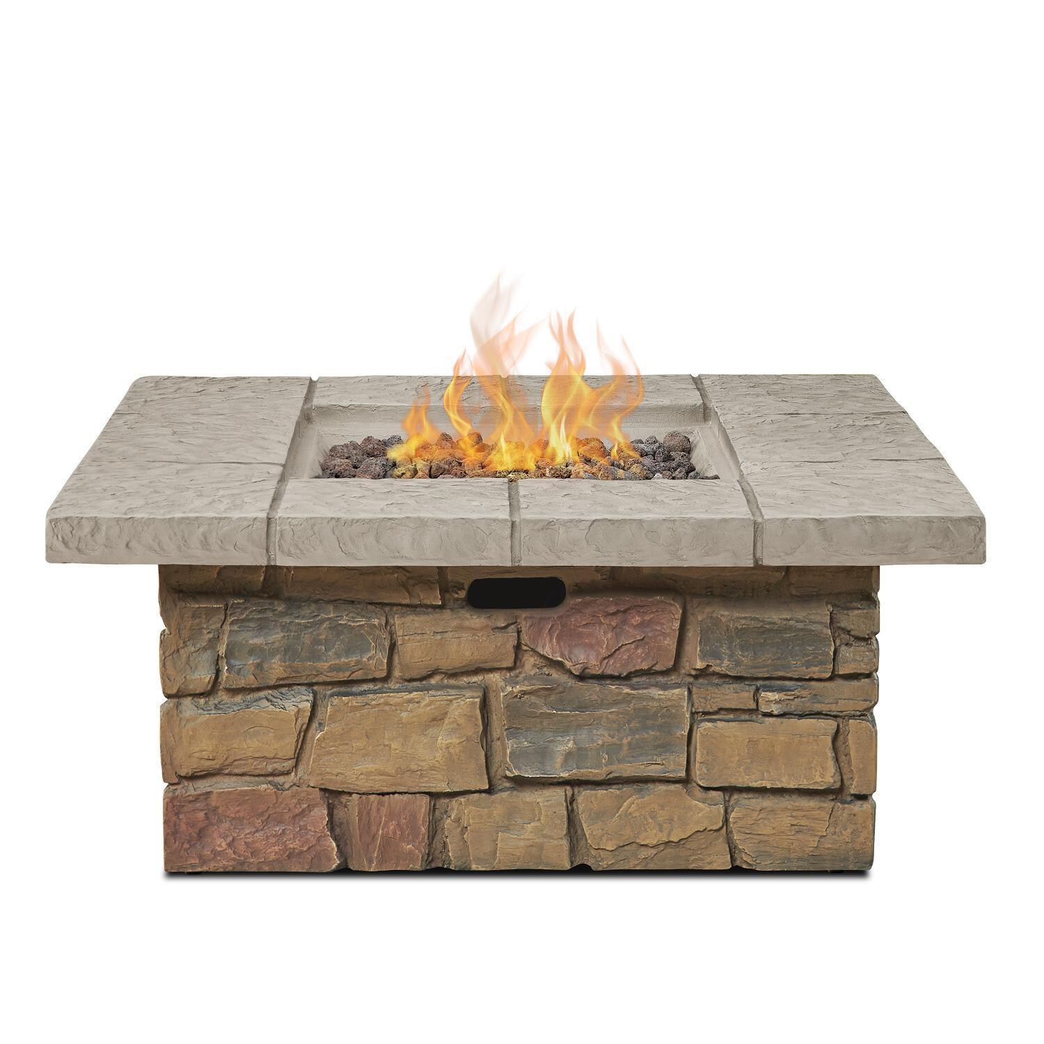 Lakeview Outdoor Designs Baywood SC-C11811LP-BF Square Fire Table with Faux Stone Finish - Front View - White Background thumbnail