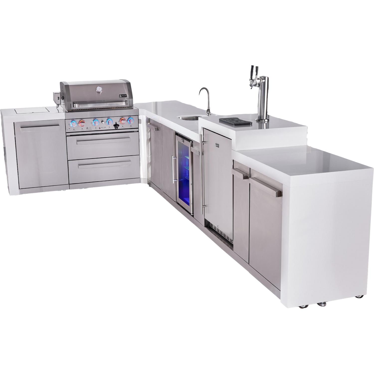 Mont Alpi Deluxe Series 13 1/2 Ft L-Shaped Natural Gas Outdoor Kitchen Island w/ 32-in Grill, Side Burner, Beverage Center, Kegerator & Extra Door (Ships Propane w/ Conversion Kit) - Angled Right - White Background thumbnail