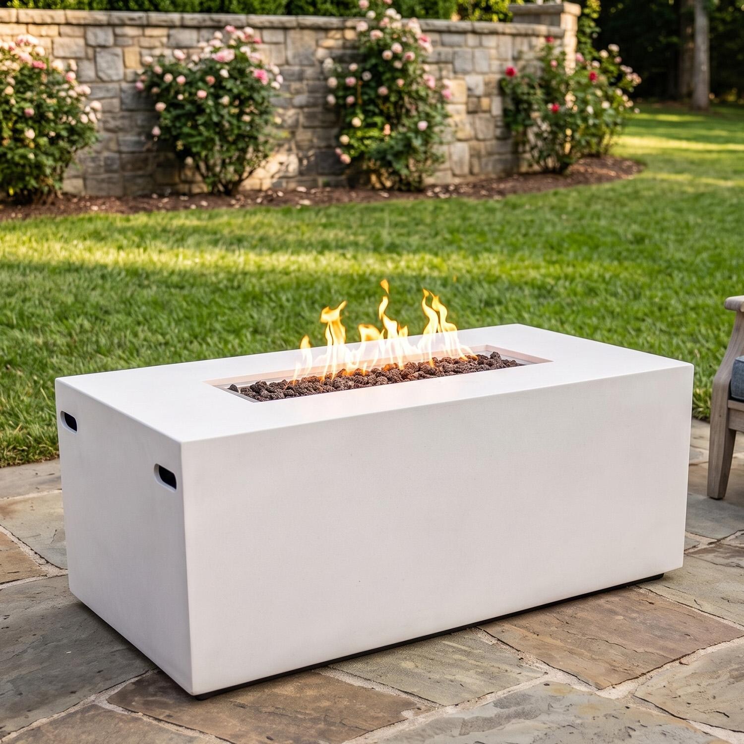 Glenwood 55-in Rectangular Concrete Propane Fire Pit in White by Lakeview Outdoor Designs - Lifestyle thumbnail