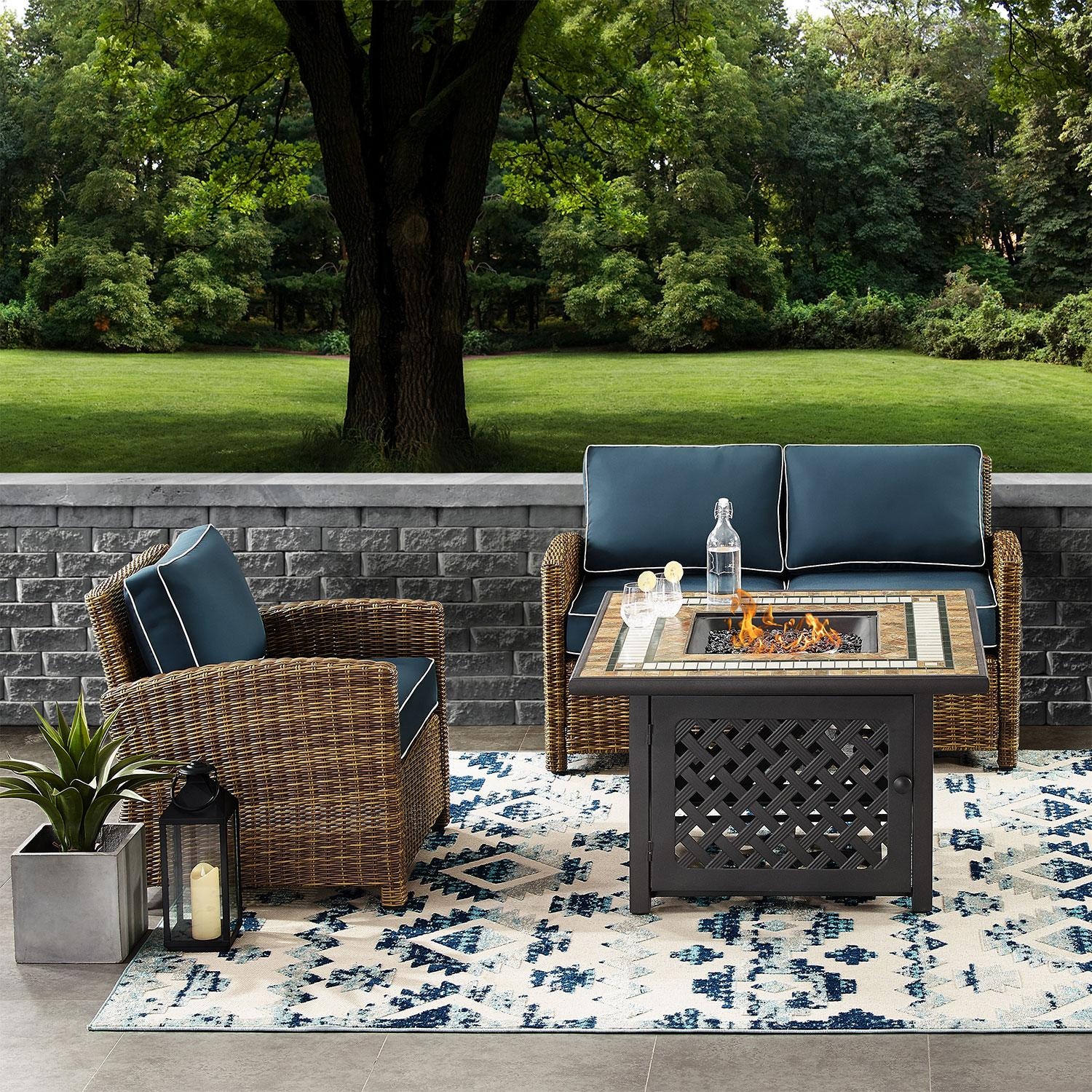 Ultimate Patio Branchwood 3 Pc Wicker Fire Pit Seating Set in Weathered Brown/Navy by - UP-92394-NV
