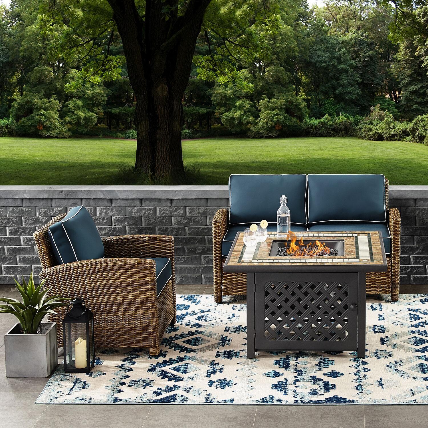 Ultimate Patio UP-92394-NV 3Pc Wicker Outdoor Loveseat Set in Navy - On Patio W/ Fire Table On - Lifestyle thumbnail