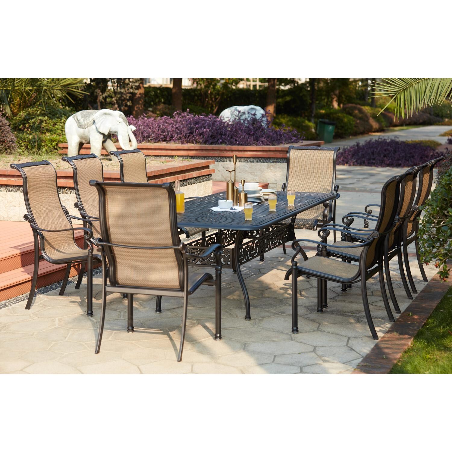 Darlee 301110-9PC-60XLD Monterey 9 Piece Cast Aluminum Sling Patio Dining Set W/ 92 X 42 Inch Rectangular Table - Lifestyle thumbnail