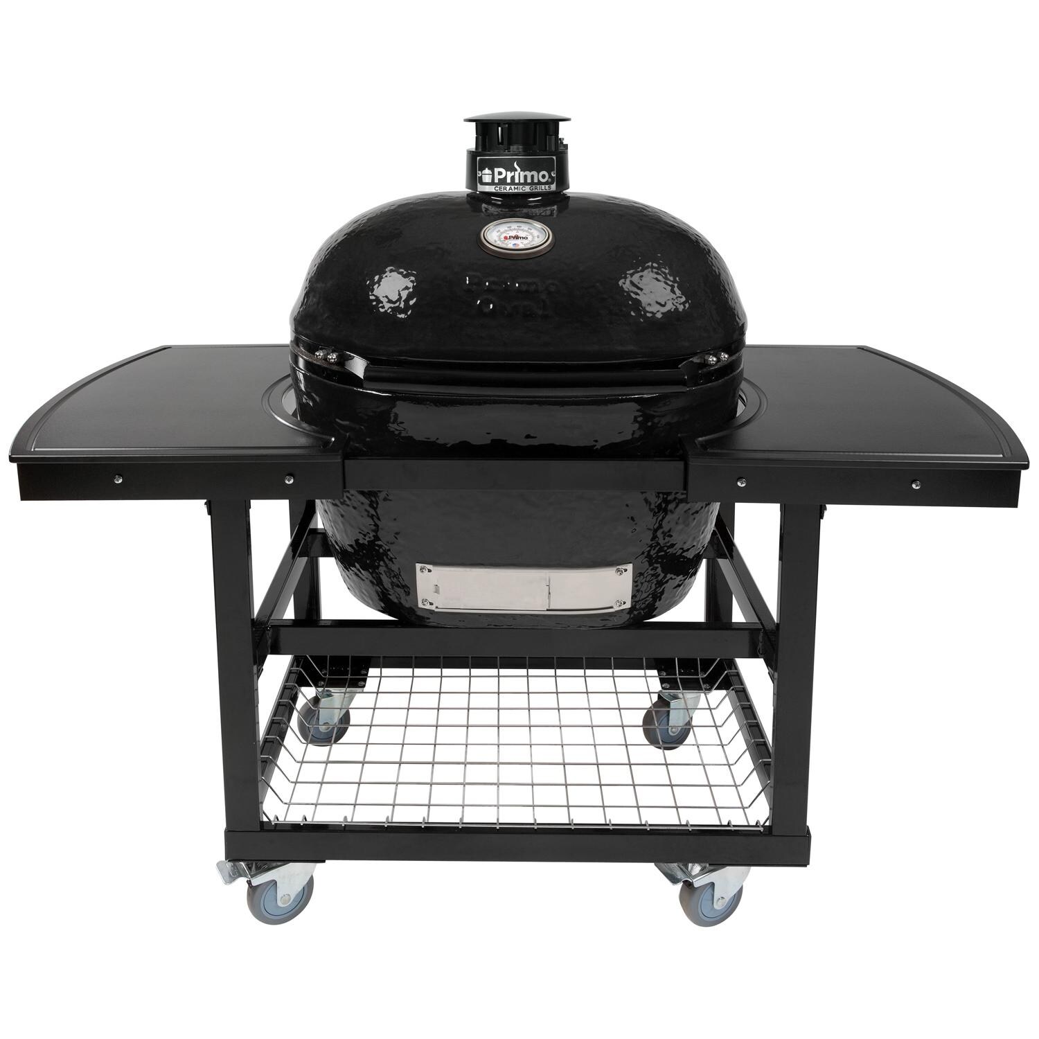 Primo PGCXLH Oval XL 400 Ceramic Kamado Grill On Steel Cart With 2-Piece Island Side Shelves And Stainless Steel Grates thumbnail