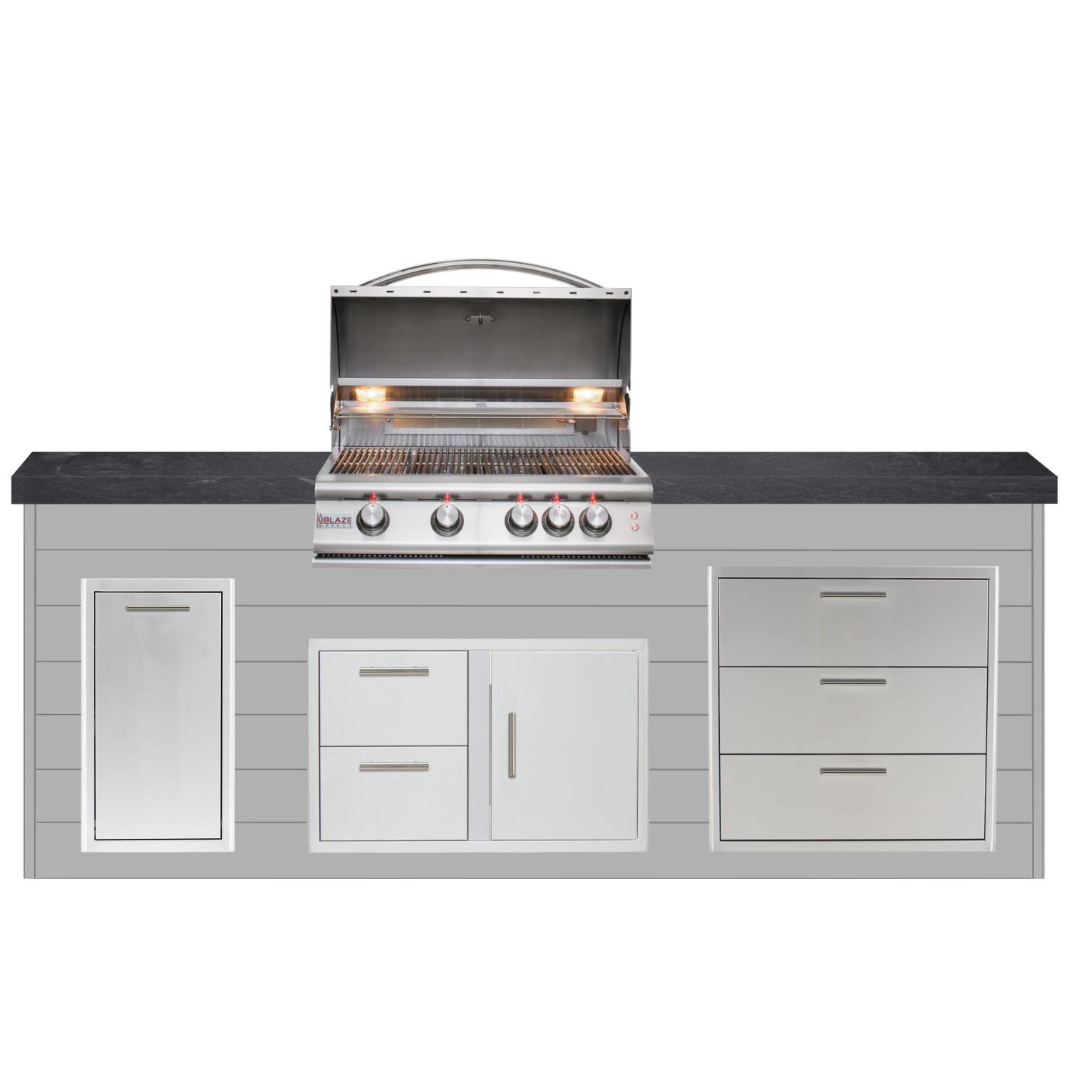 BBQGuys Signature 8ft Luxury Outdoor Island W/ Blaze Premium LTE 32-Inch Natural Gas Grill - Light Gray Steel W/ Black Polished Granite