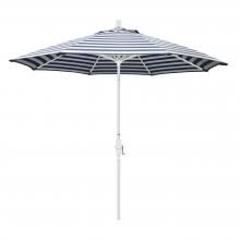 California Umbrella Golden State Series 9 Ft Octagonal Aluminum Collar Tilt Patio Umbrella W/ Crank Lift - Matted White Frame / Olefin Navy White Cabana Stripe Canopy