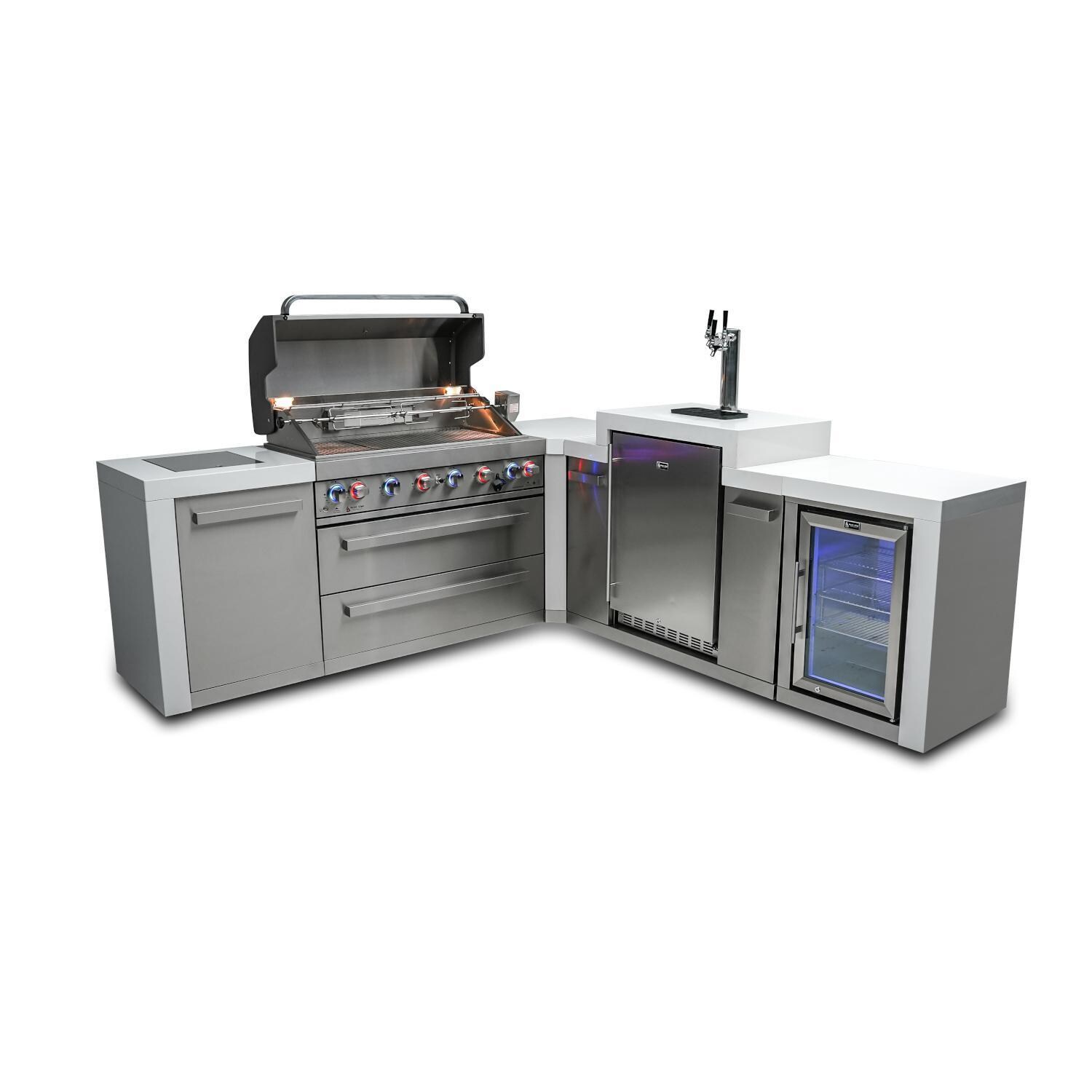 Mont Alpi 805 Deluxe Natural Gas Island w/ 90 Degree Corner, Kegerator & Fridge Cabinet (Ships Propane w/ Conversion Kit) - Open Hood - White Background thumbnail