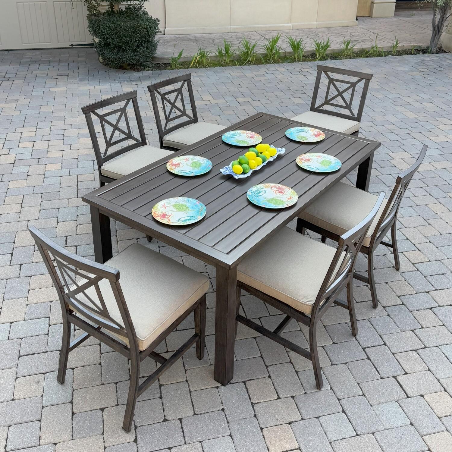 Atlantis 7 Pc Aluminum Dining Set w/ 6 Dining Side Chairs in Walnut/Beige by Darlee