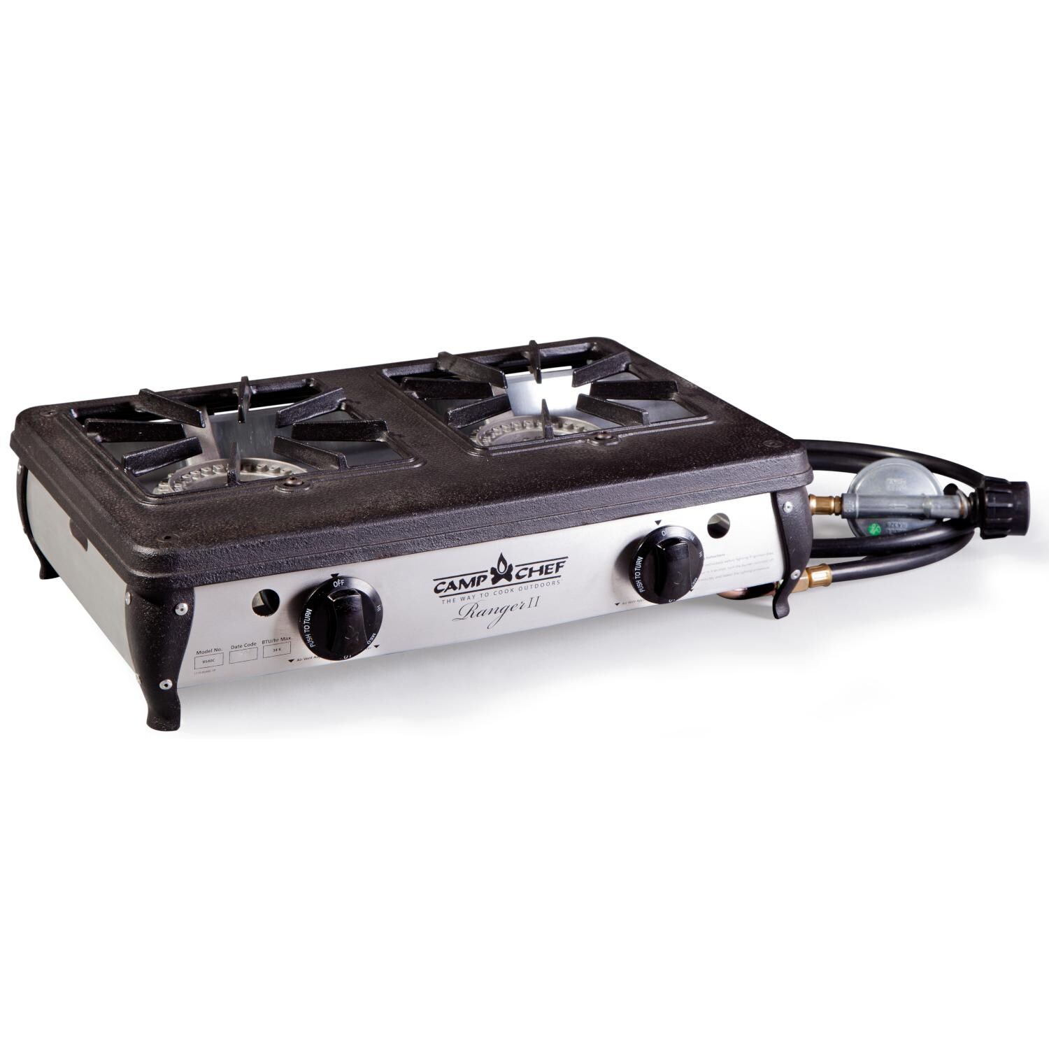 Camp Chef BS40C Ranger II Two-Burner Cooking System - Side View With Propane Hose & Regulator thumbnail