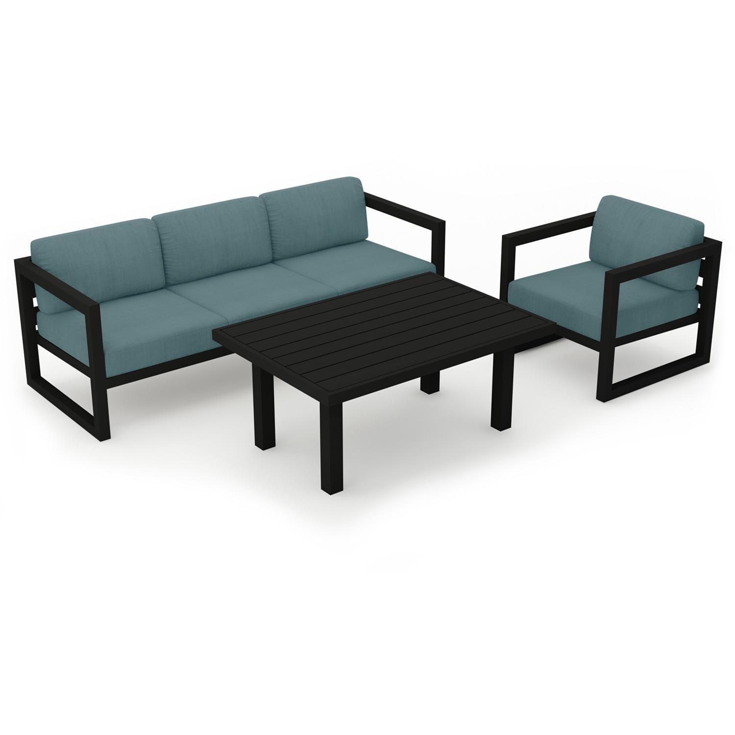 Lakeview MSTYCV-BK-SET138-CL Misty Cove 3 Pc Aluminum Seating Set in Black w/Chat Table & Cast Lagoon Cushions by Lakeview Outdoor Designs - Set Angled View - White Background thumbnail