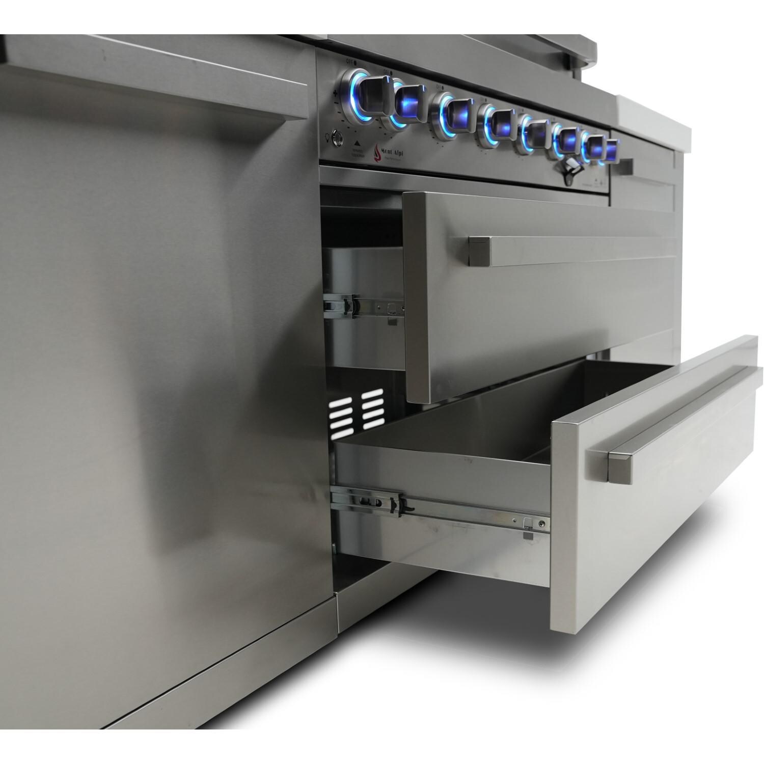 Mont Alpi MAi805-DFC Deluxe Propane Gas Island Grill W/ Refrigerator Cabinet - Drawers - Detail
