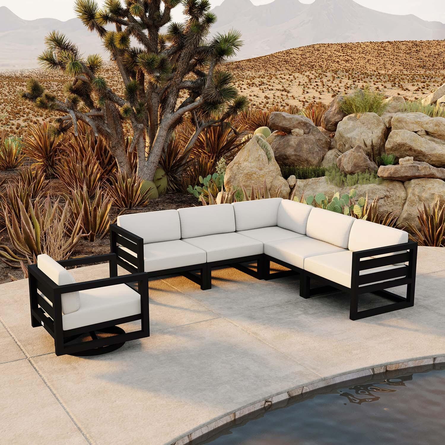 Misty Cove 6 Pc Aluminum Sectional Seating Set w/ Swivel Chairs in Black/Canvas Natural by Lakeview Outdoor Designs - Lifestyle thumbnail
