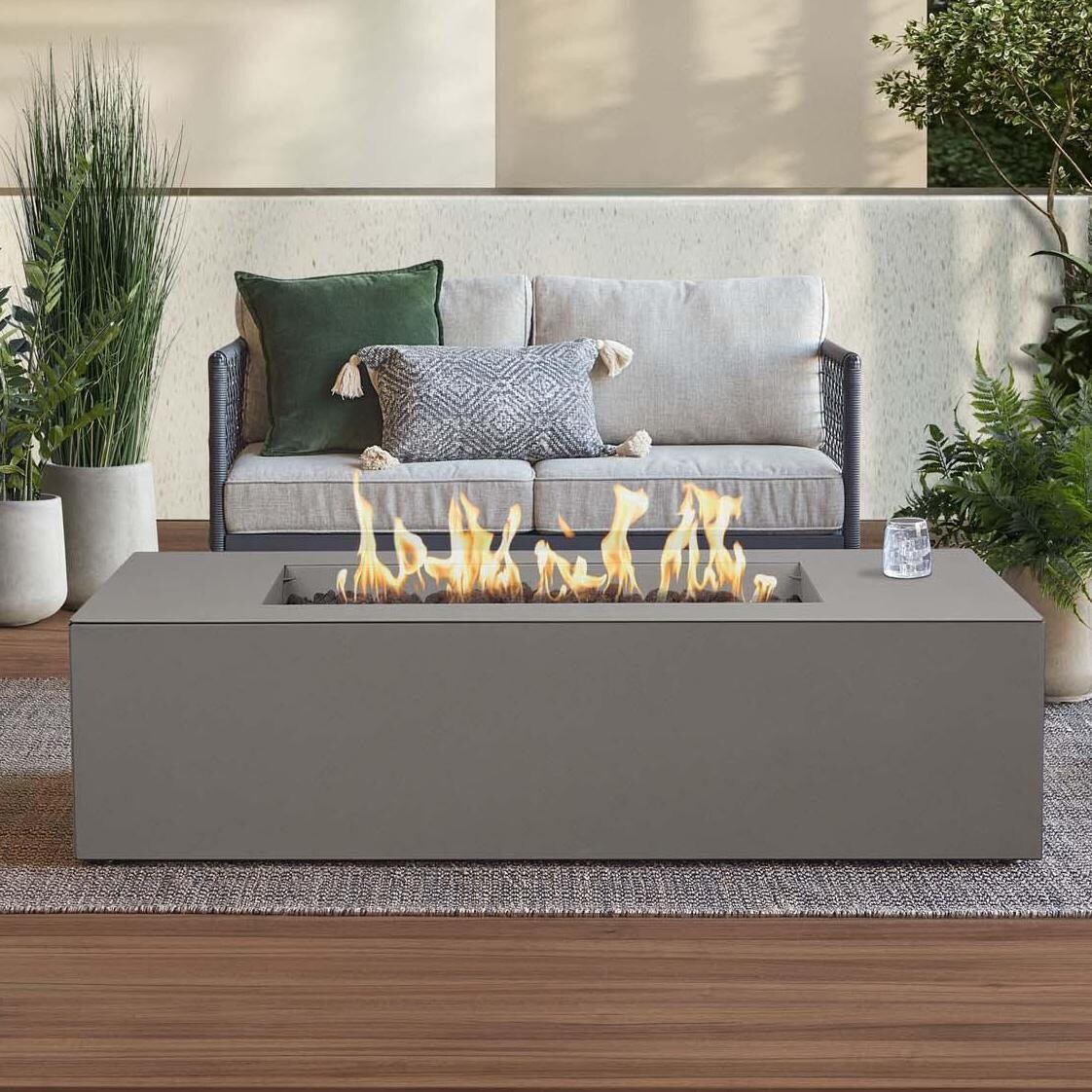 Covewood 58 Inch Rectangular Aluminum Propane Fire Pit Table w/ Hidden Propane Tank in Cloud Gray by BBQGuys Signature - Lifestyle thumbnail