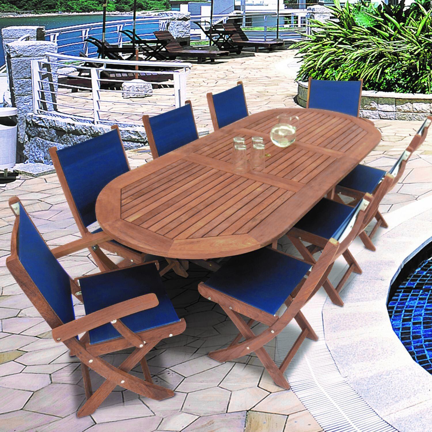 Sailmate 9 Piece Teak Patio Dining Set W/ 72 X 39 Inch Oval Extension Table By Royal Teak Collection - Navy Sling