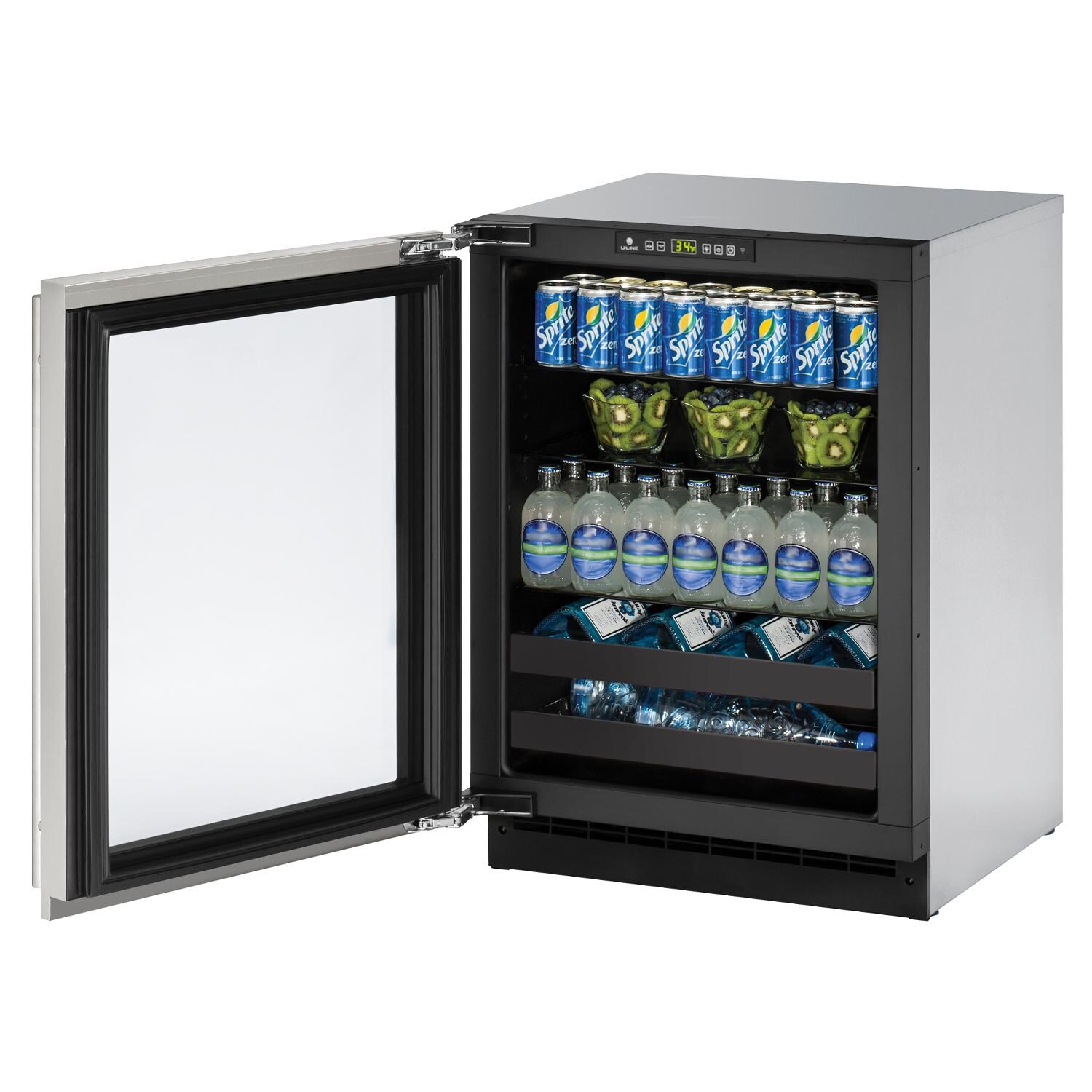 U-Line 24-Inch 4.9 Cu. Ft. Built-In / Freestanding Left Hinge Beverage Center With Lock - Stainless Steel - U-2224BEVS-15B - Open Stocked View thumbnail