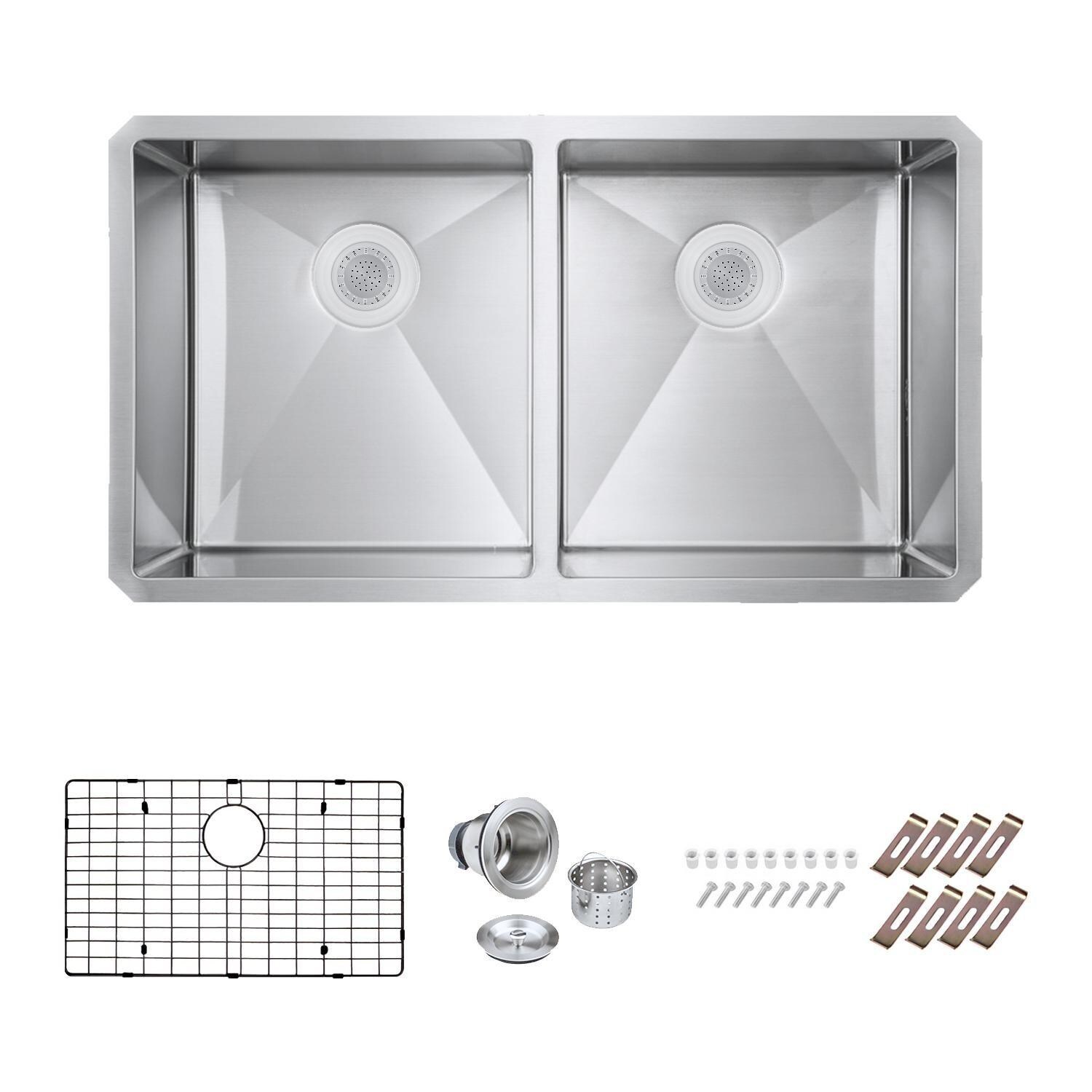 BBQGuys Signature Undermount Stainless Steel 33-Inch Double Bowl ADA Sink W/Grids and Strainer - White Background thumbnail