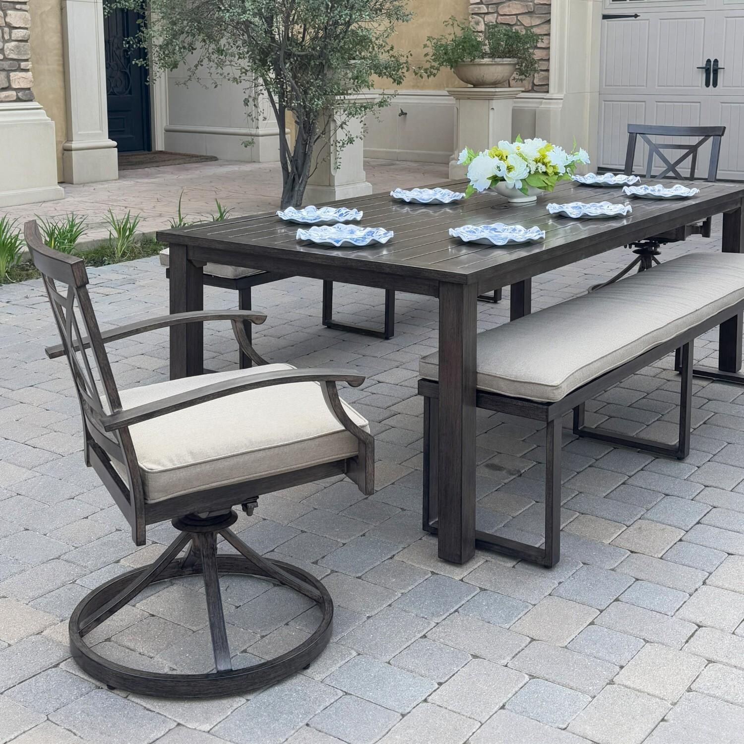 Atlantis 5 Pc Aluminum Dining Set w/ 2 Swivel Rocker Dining Arm Chairs & 2 Three Person Benches in Walnut/Beige by Darlee - Table Side - Lifestyle thumbnail